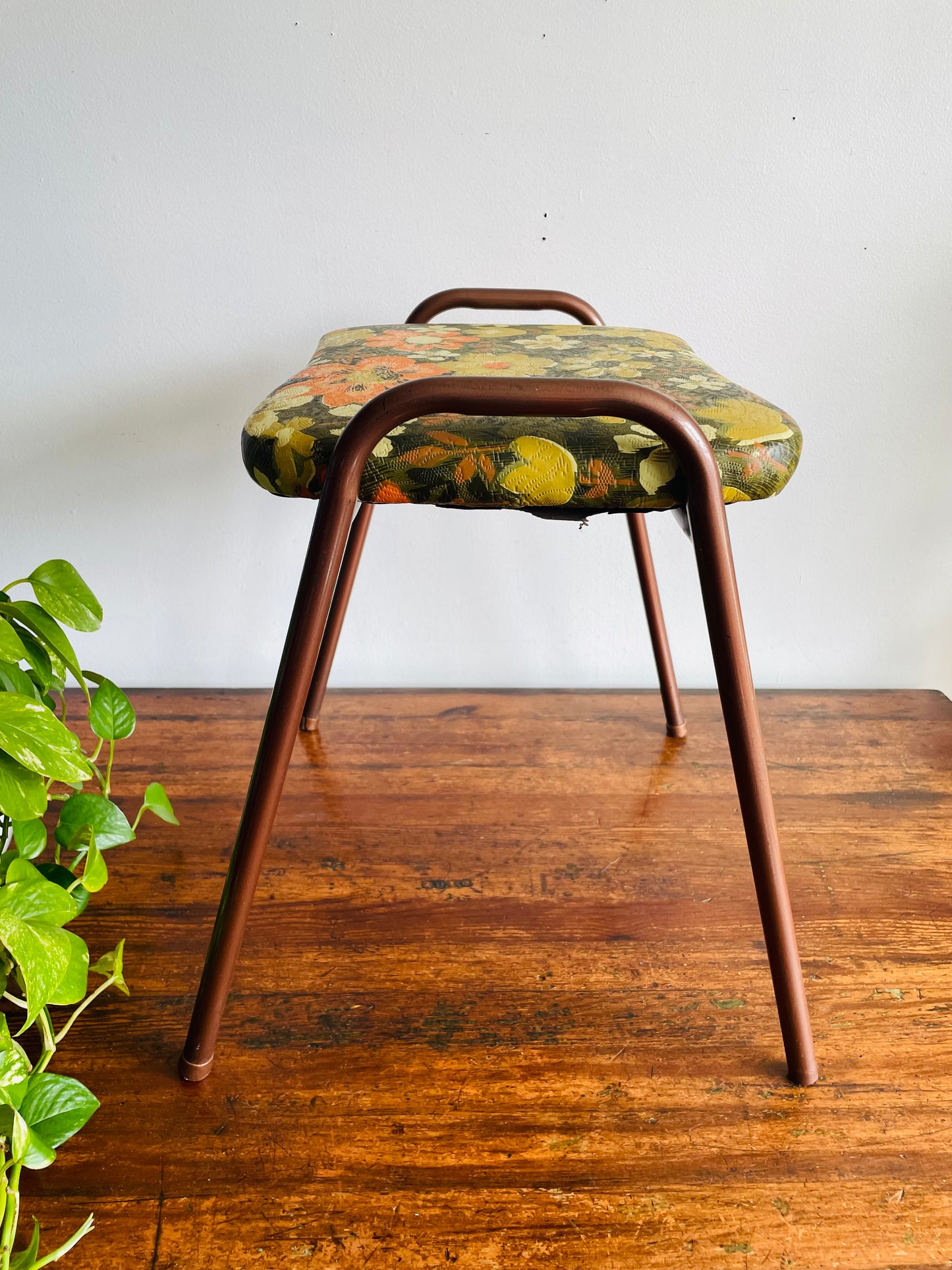 Vintage 1968 Perfect Chrome Furniture Co. Stackable Stool Chair with Vinyl Cushion - Groovy Green, Orange & Cream Flower Power Pattern - Made in Toronto