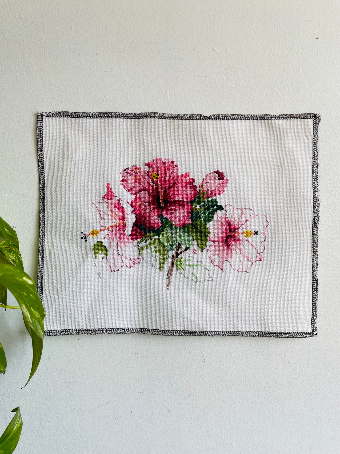 Needlepoint Embroidery Panel with Pink Hibiscus Flowers