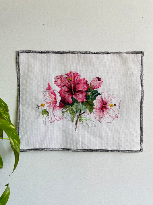 Needlepoint Embroidery Panel with Pink Hibiscus Flowers
