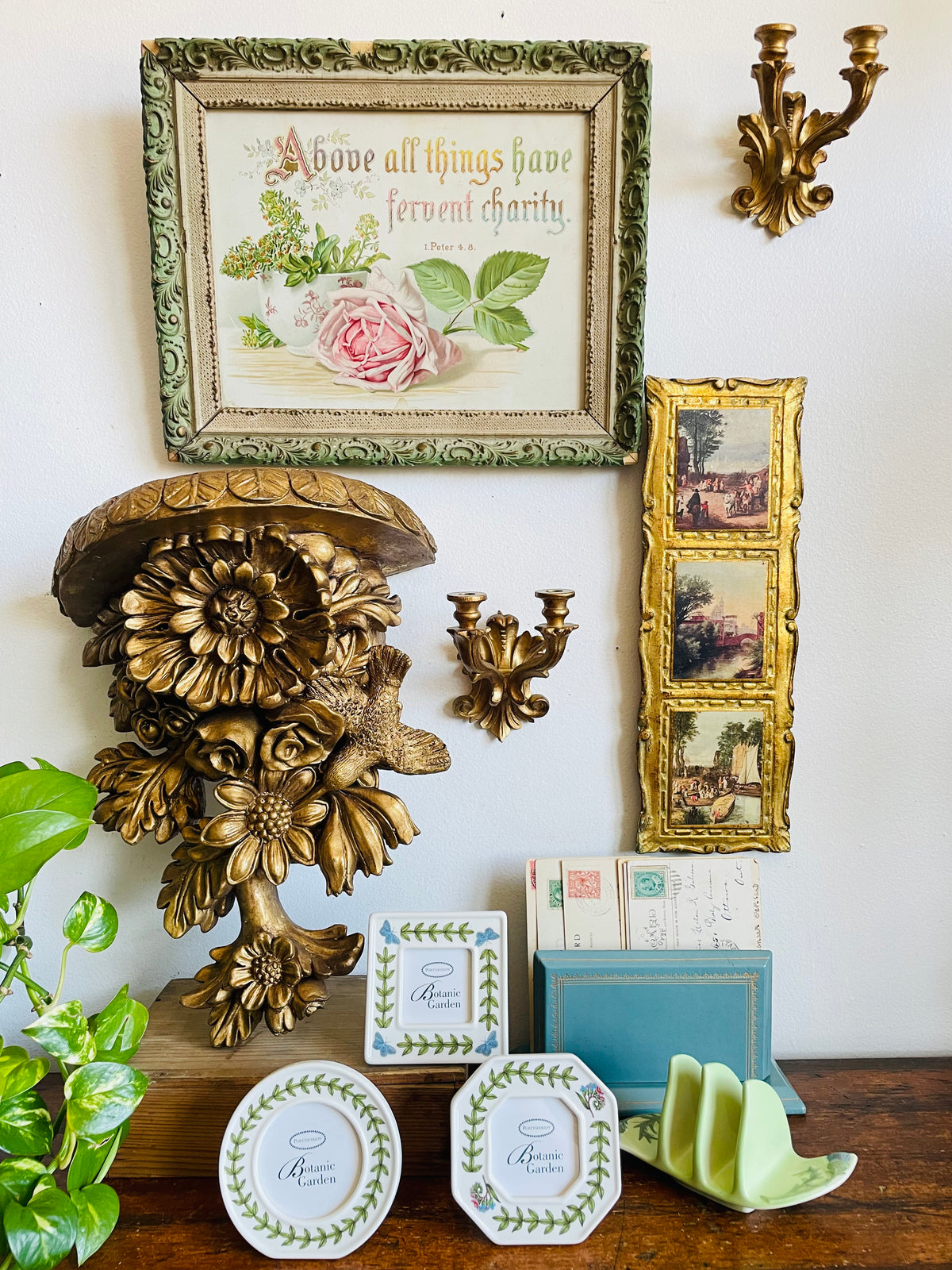 Vintage Gold Wall Floating Hanging Wall Shelf with Ornate Flower and Hummingbird Design