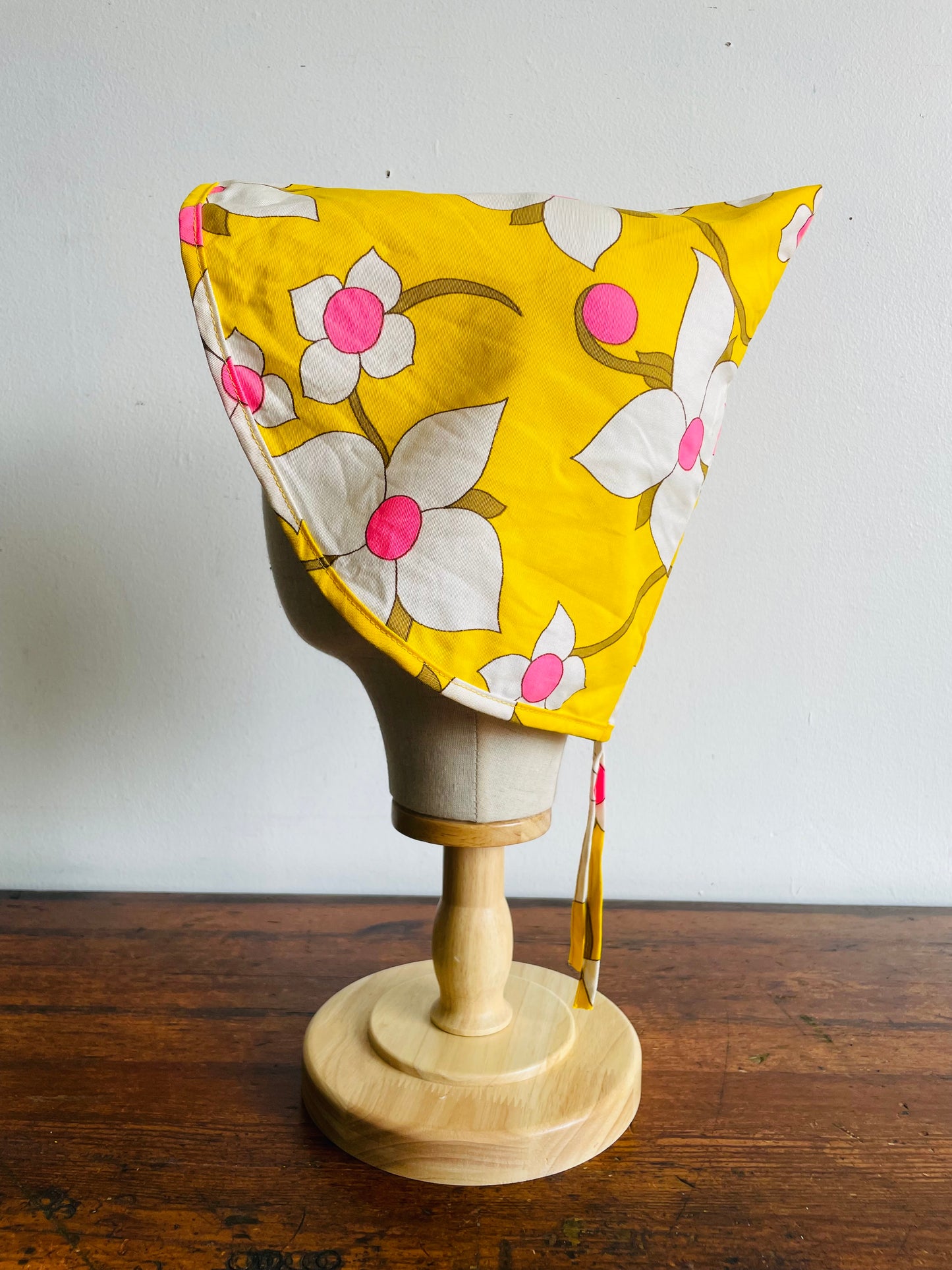 Groovy Yellow Fabric Triangle Pouch Holder or Hat with White & Pink Flower Design - Solve the Mystery of What This Is!