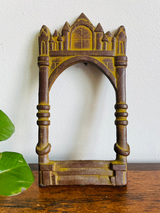 Vintage Solid & Heavy Cast Iron Arched Window Castle Shaped Picture Frame - 3" x 4.75" Photo Size