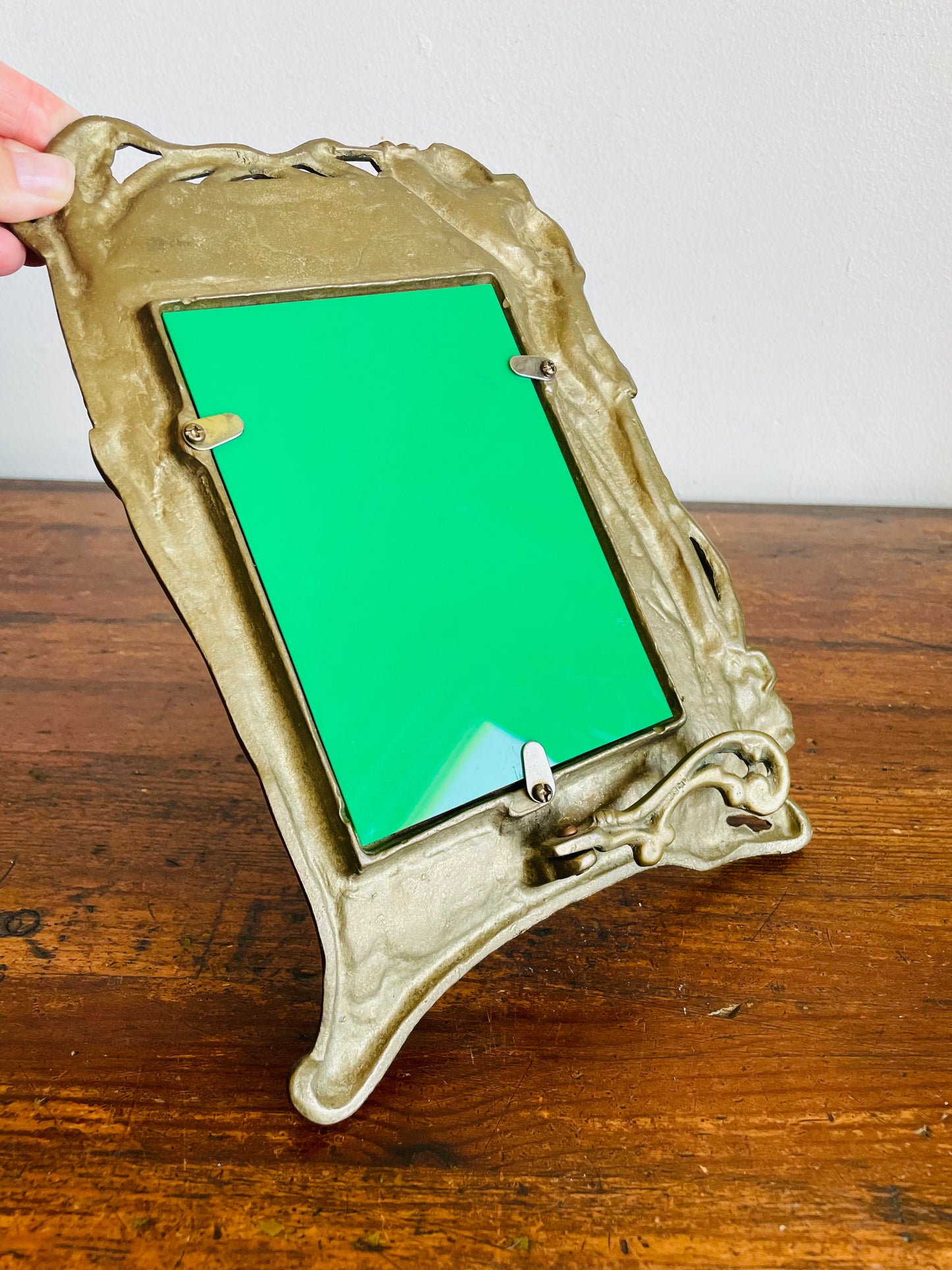 Vintage Heavy Brass Art Nouveau Easel Back Mirror with Fairy Nymph Maiden Under Sun with Flowers - Could Use as a Picture Frame as Well!