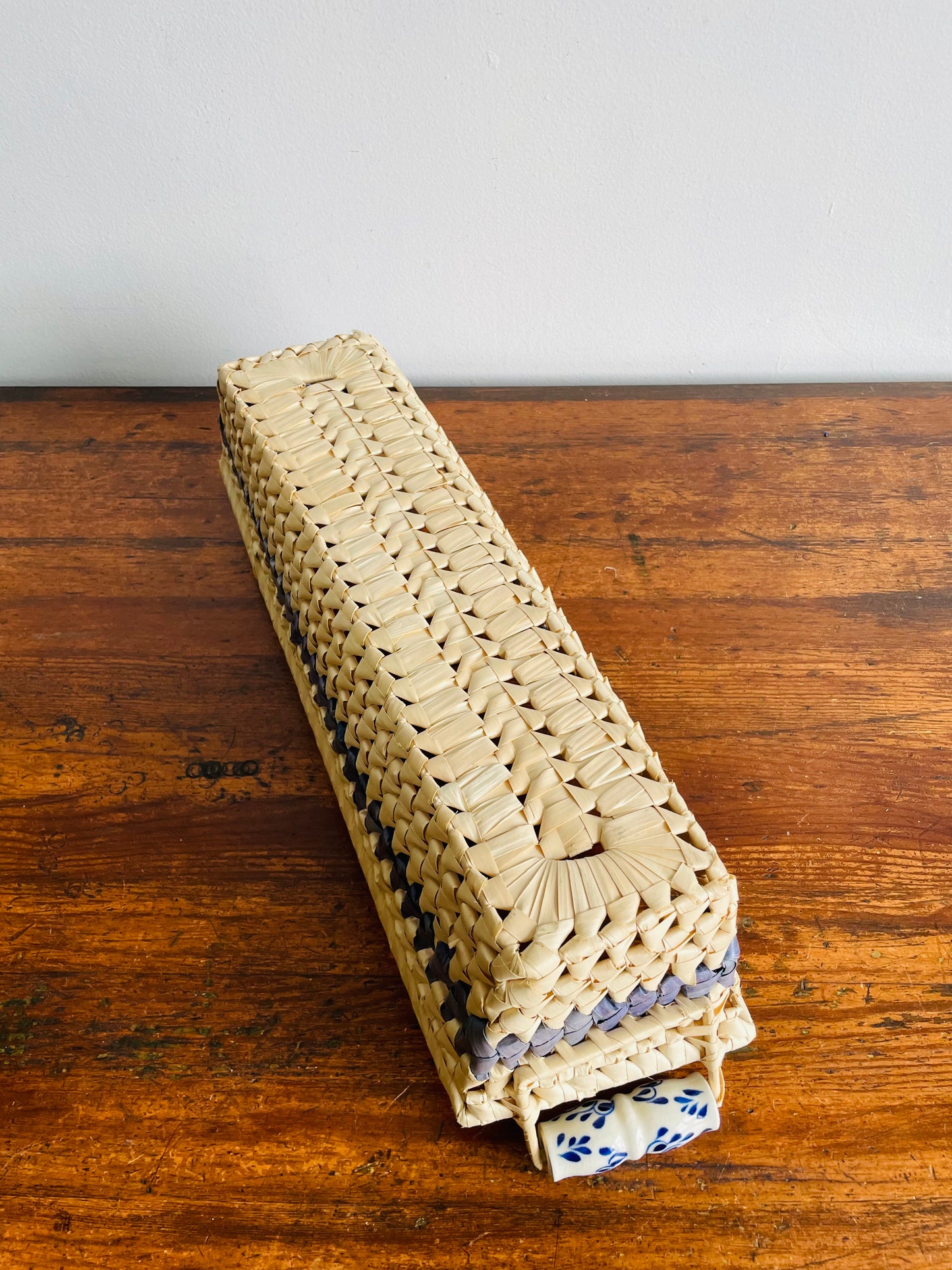 Light Woven Basket with Blue Stripe & Ceramic Handles