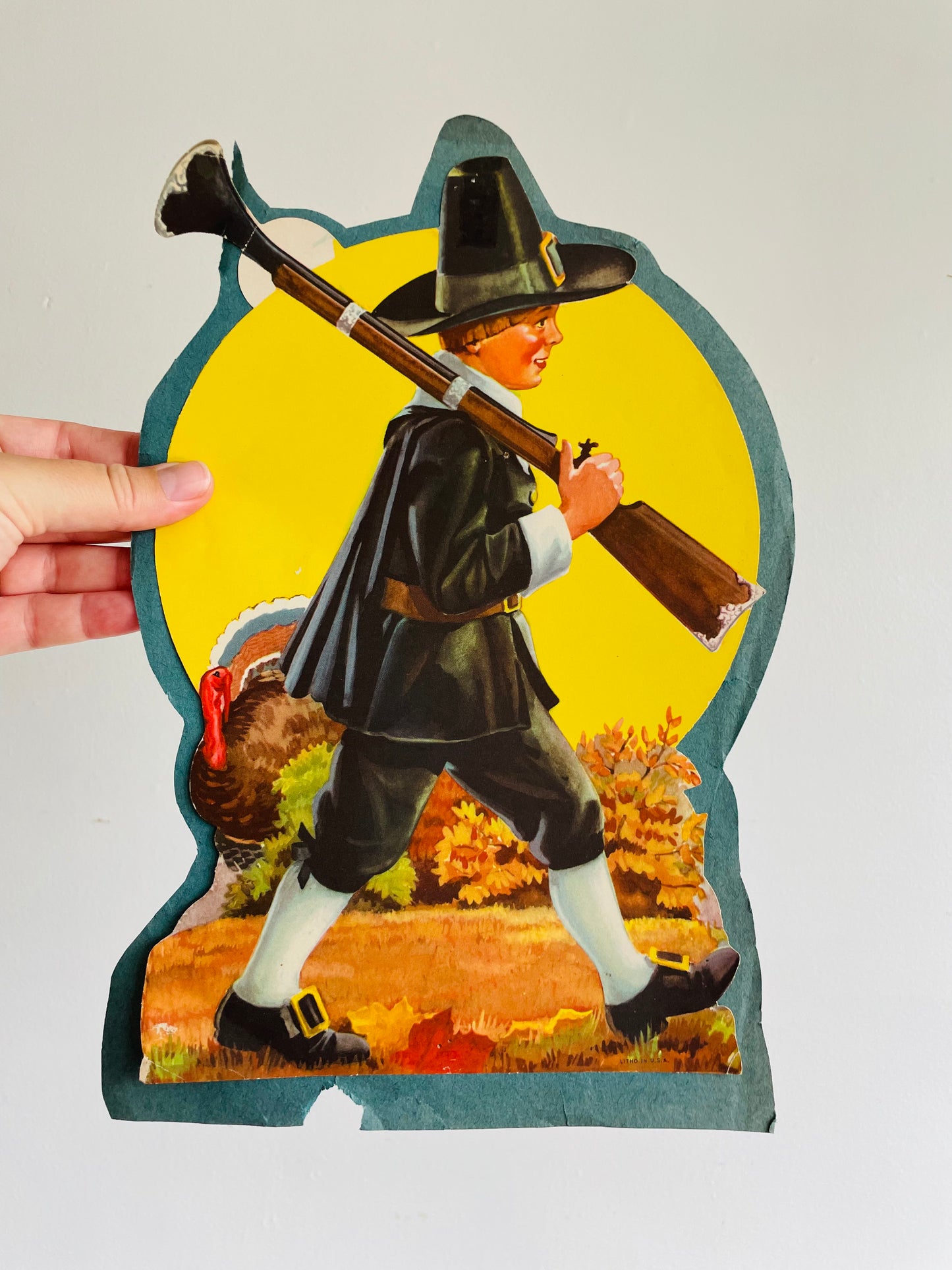 Vintage Thanksgiving Cardboard Cutouts - Pilgrim Boys - Set of 2