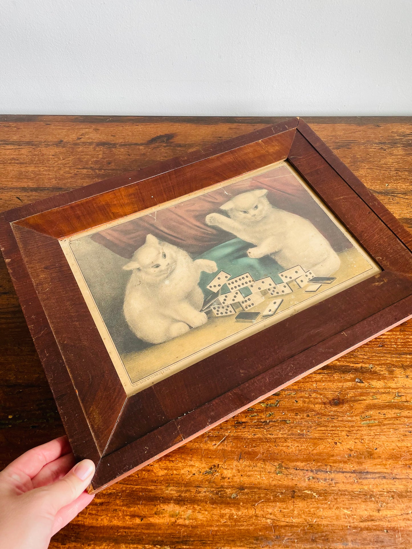 Antique Print Picture of Naughty Cats Knocking Over Dominoes - Currier & Ives 'My Little White Kitties - Playing Dominoes'