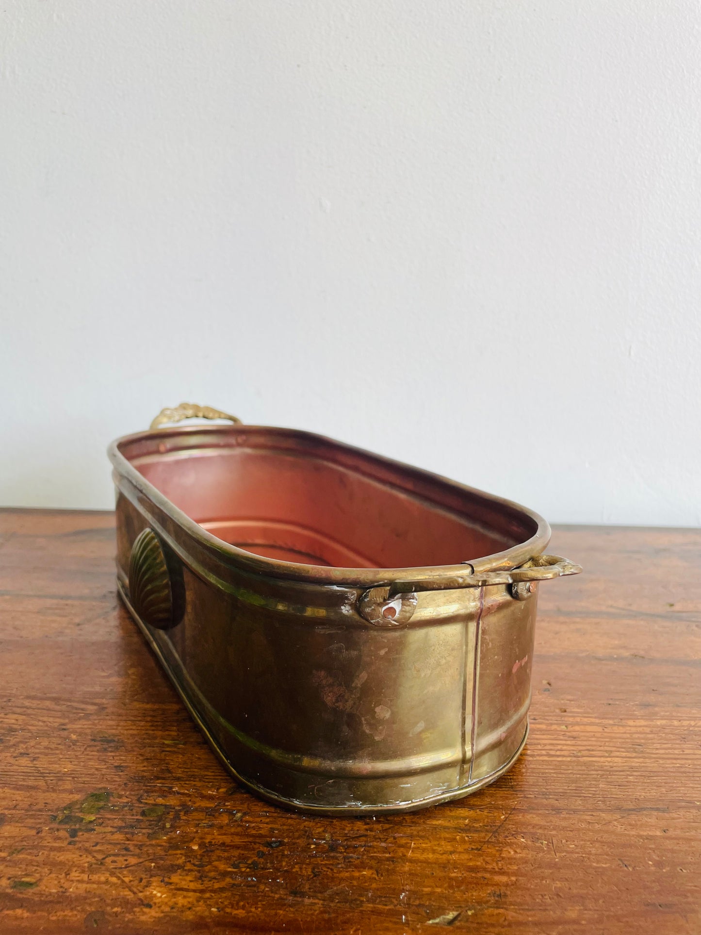 Solid Brass Long Planter Trough with Floral Handles & Shell Design - Made in India
