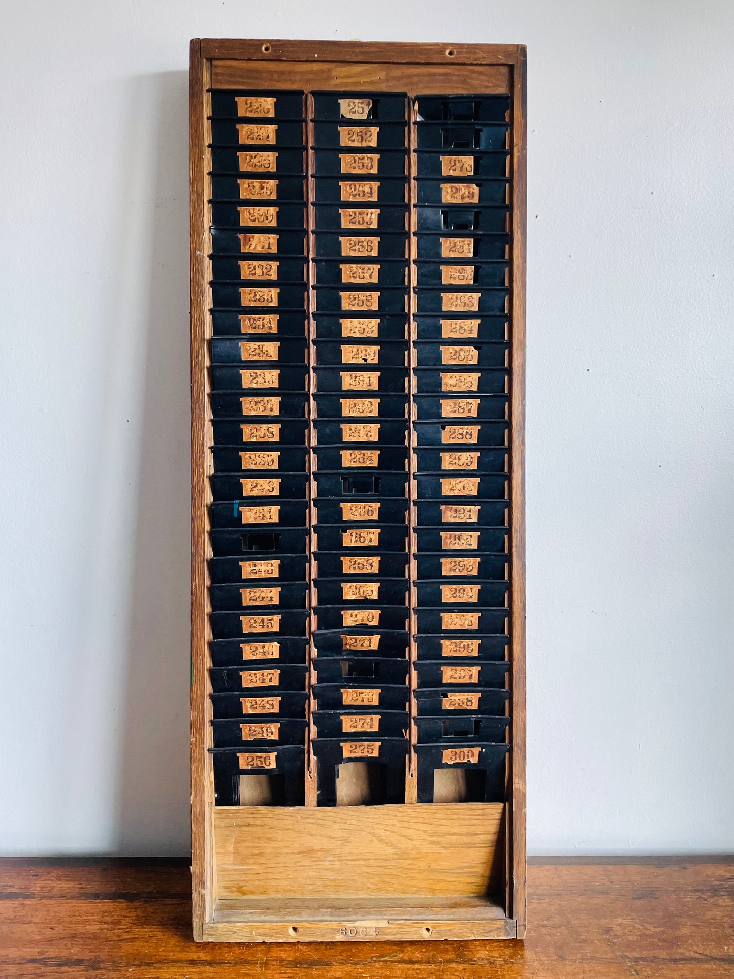Antique Industrial Wood & Metal Time Card Slot Rack Holder with Numbers - Apothecary Shelf Decor Style - Can Lean or Hang on Wall