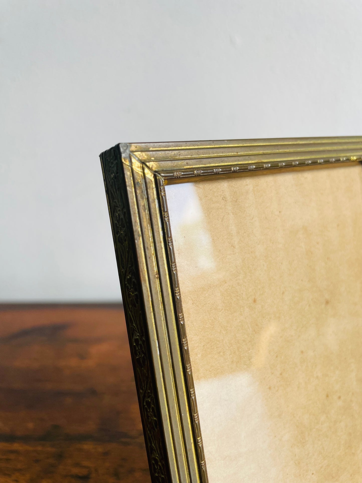 Aged Patina Brass Picture Frame with Etched Details - Easel Prop for Standing - 3.25" by 5.25" Photo Size