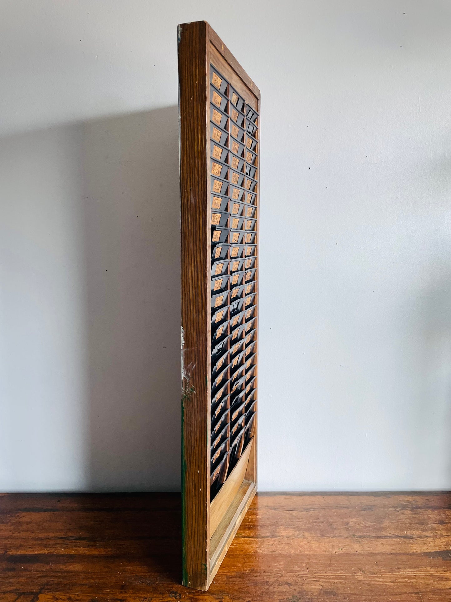 Antique Industrial Wood & Metal Time Card Slot Rack Holder with Numbers - Apothecary Shelf Decor Style - Can Lean or Hang on Wall