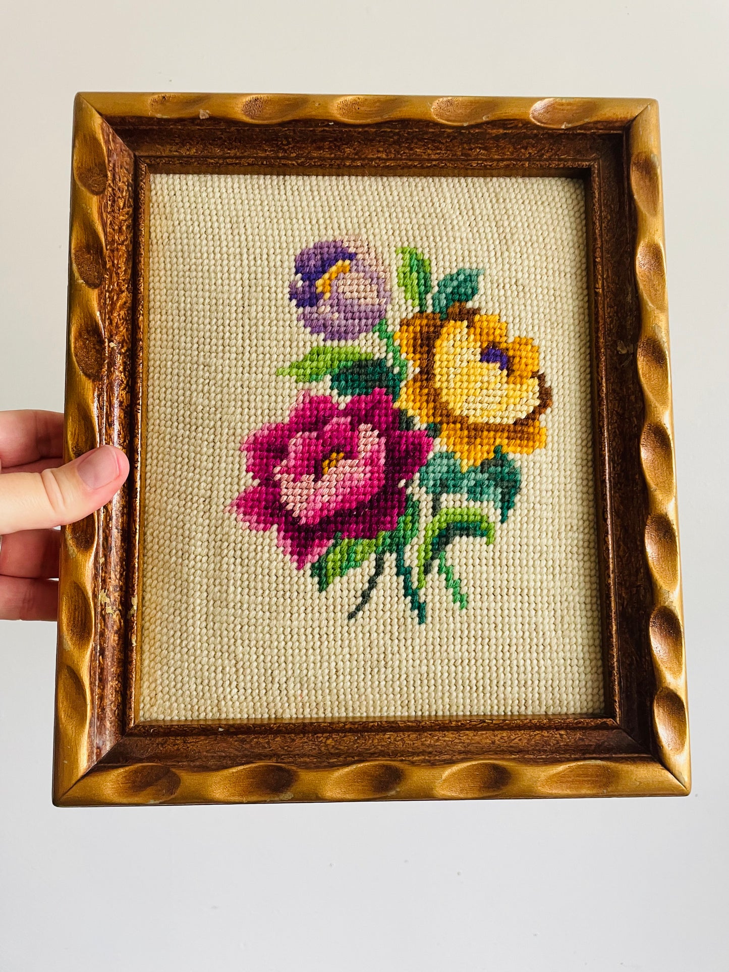 Vintage Floral Needlepoint Embroidery Pictures in Thick Gold Wood Frames - Set of 2