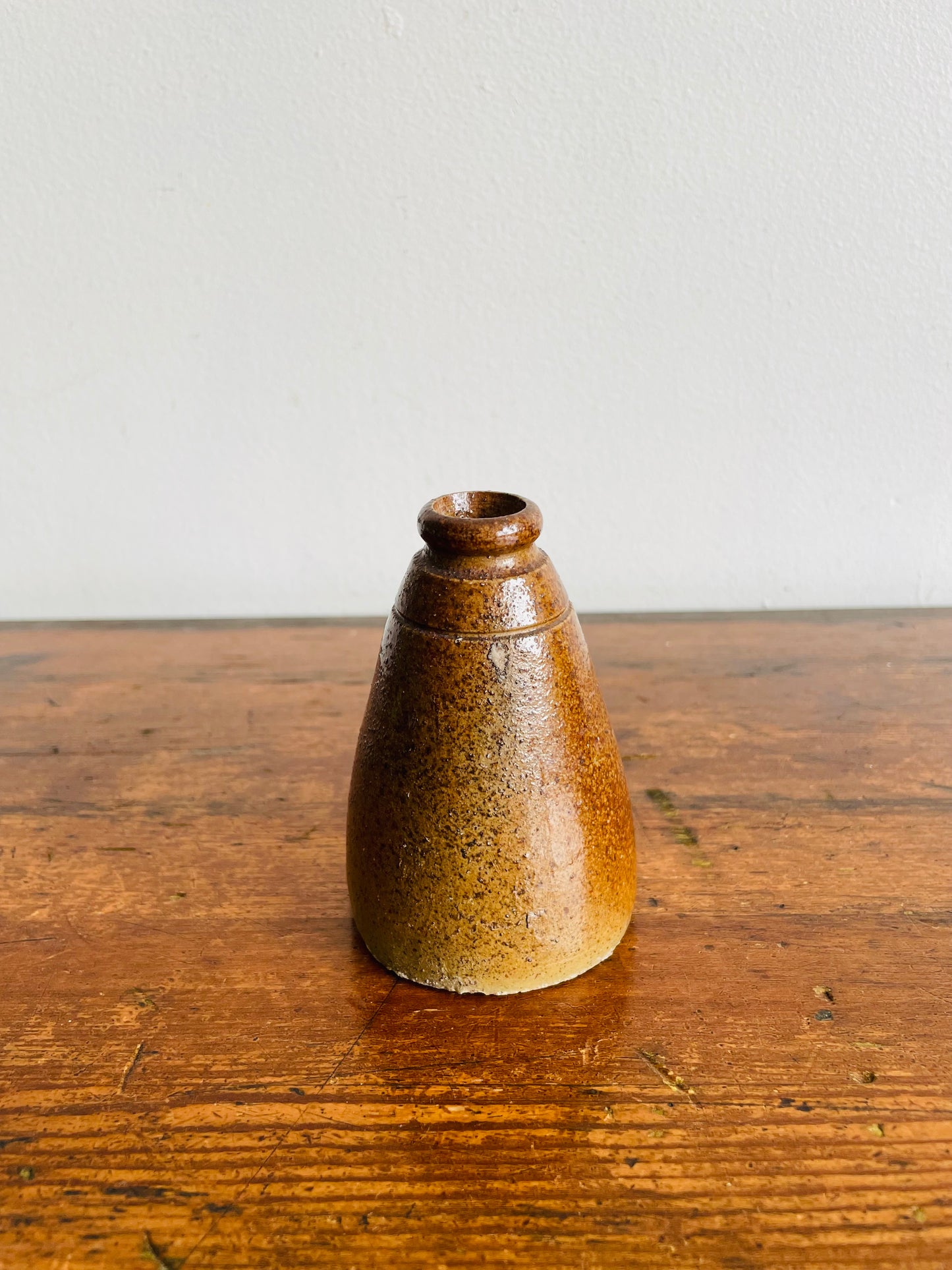 Antique Brown Salt Glaze Stoneware Pottery Cone Shaped Ink Well Bottle - Makes a Great Bud Vase!