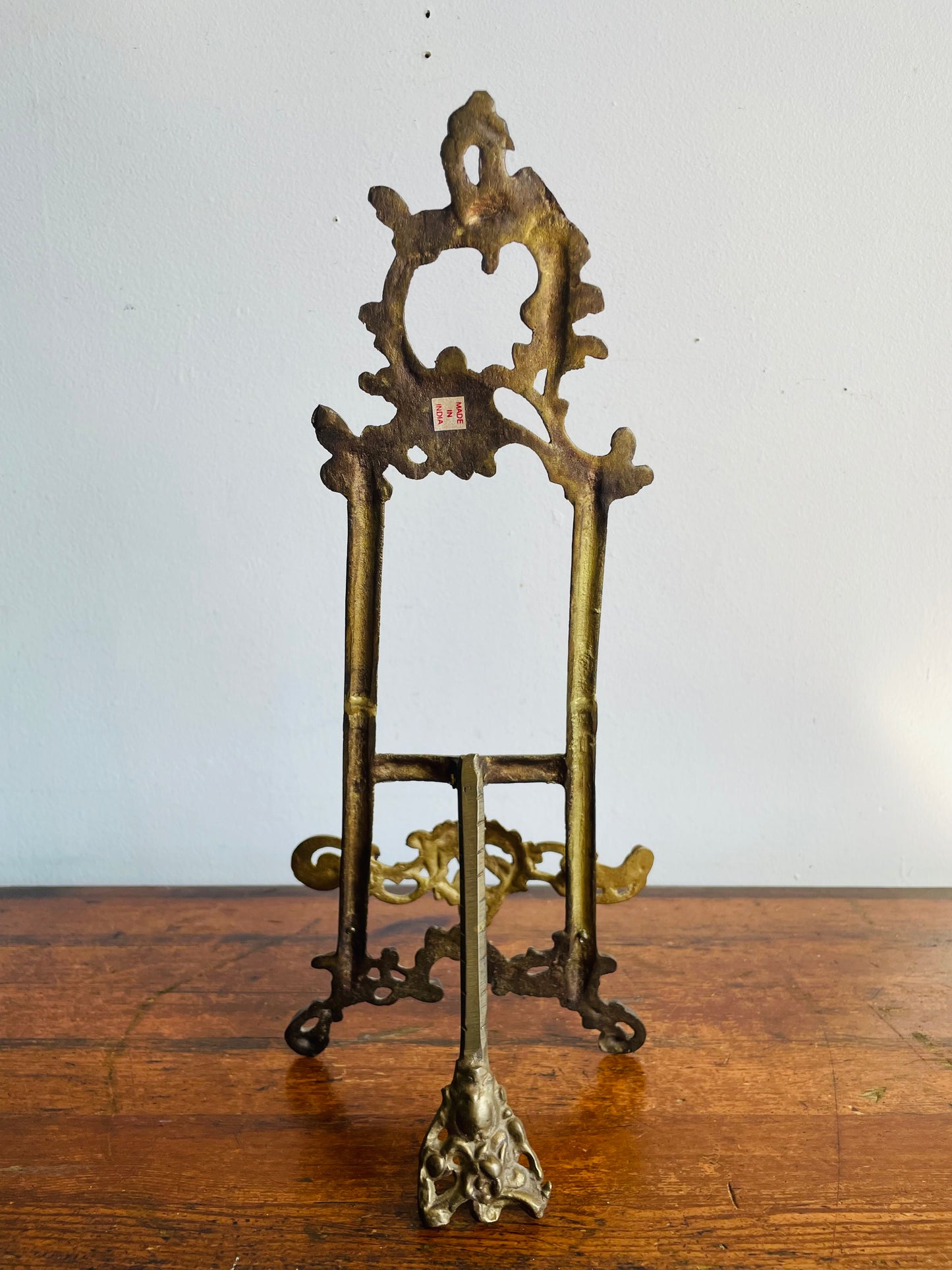 Vintage 14" Tall Brass Tabletop Display Easel with Ornate Scroll & Floral Design