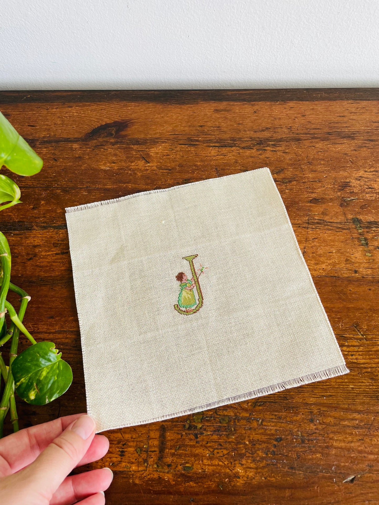 Square Needlepoint Embroidery Panel of the Letter J with a Fairy