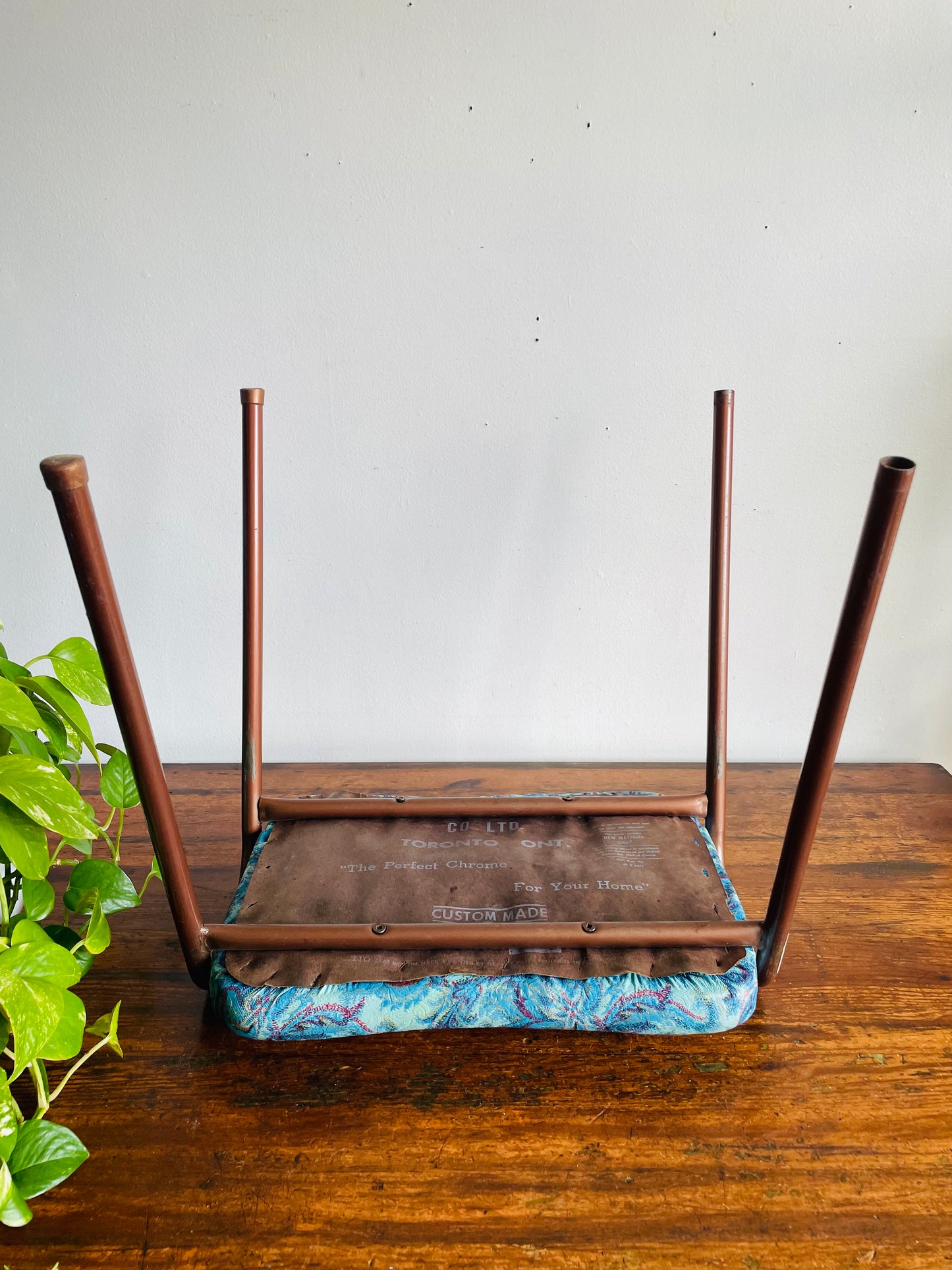 Vintage 1968 Perfect Chrome Furniture Co. Stackable Stool Chair with Vinyl Cushion - Blue Floral Pattern #2 - Made in Toronto
