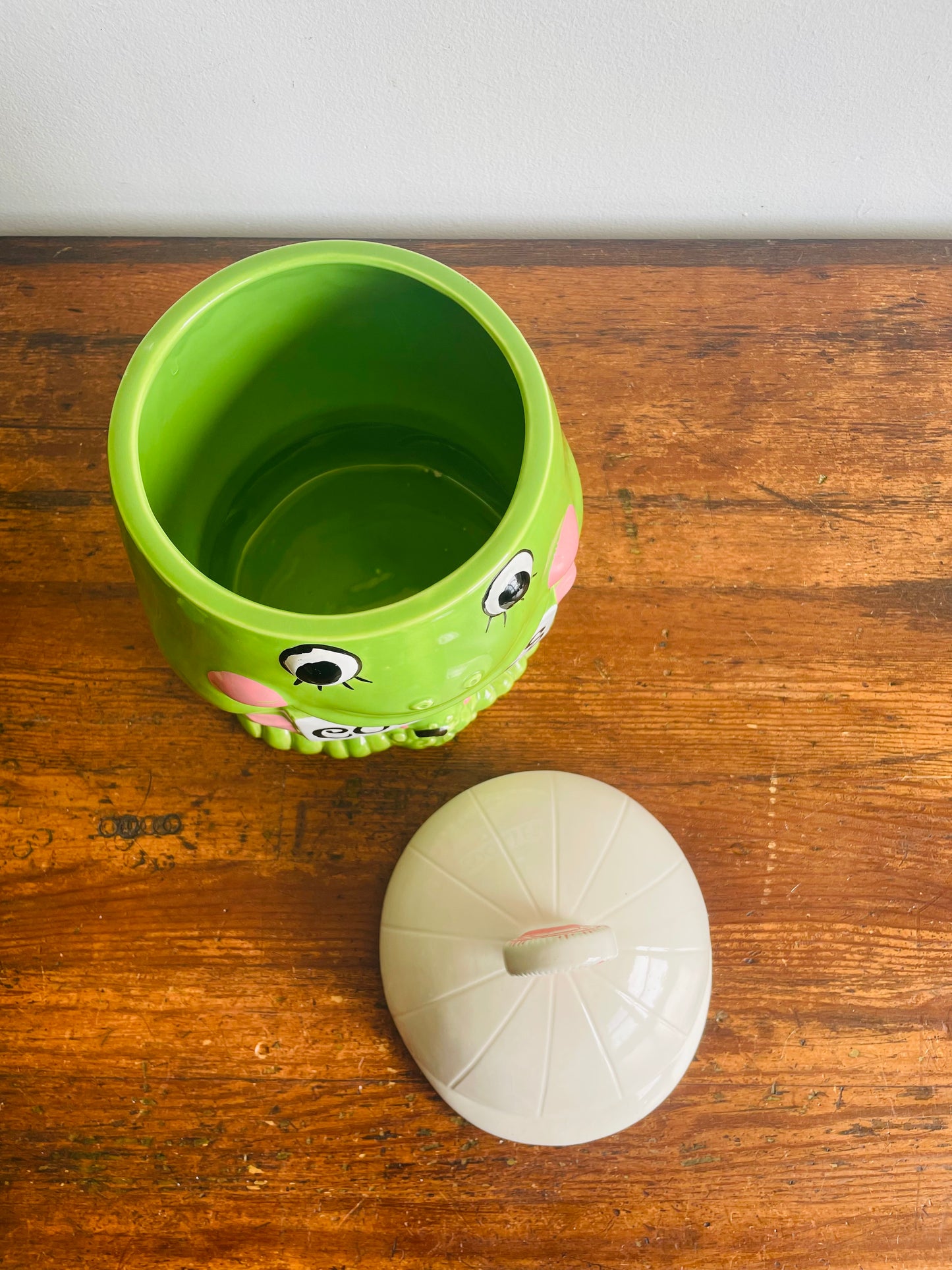 Adorable Bright Green & Pink Frog Cookie Jar - Made in Japan