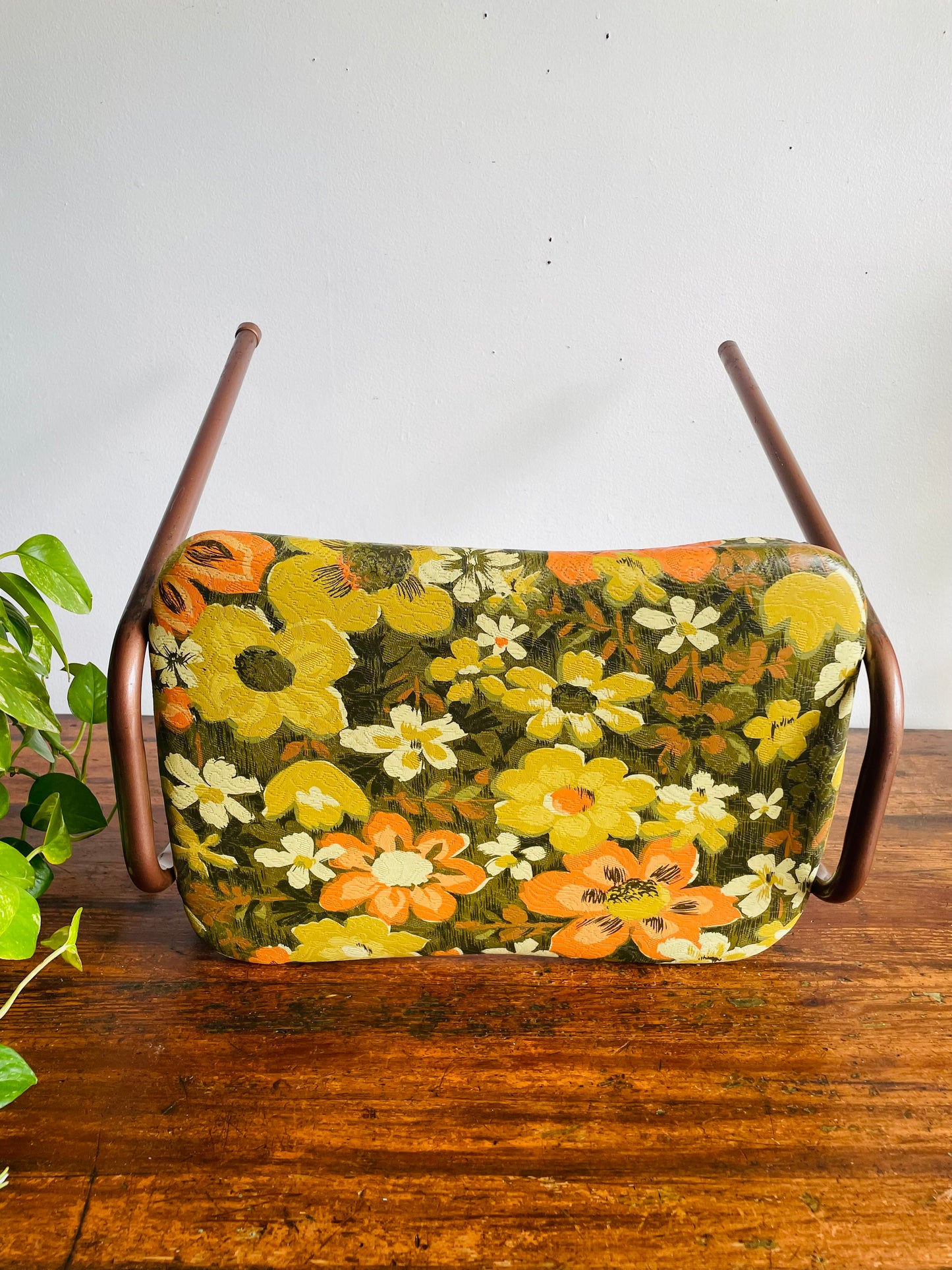 Vintage 1968 Perfect Chrome Furniture Co. Stackable Stool Chair with Vinyl Cushion - Groovy Green, Orange & Cream Flower Power Pattern - Made in Toronto