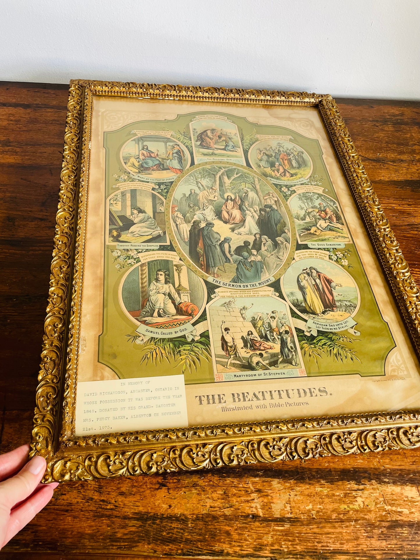 Antique 1800s The Beatitudes Chromolithograph with Bible Pictures Religious Print Picture by Martin Yauch (1882) - Found at Alberton Presbyterian Church - Once Owned by David Richardson from Ancaster, Ontario