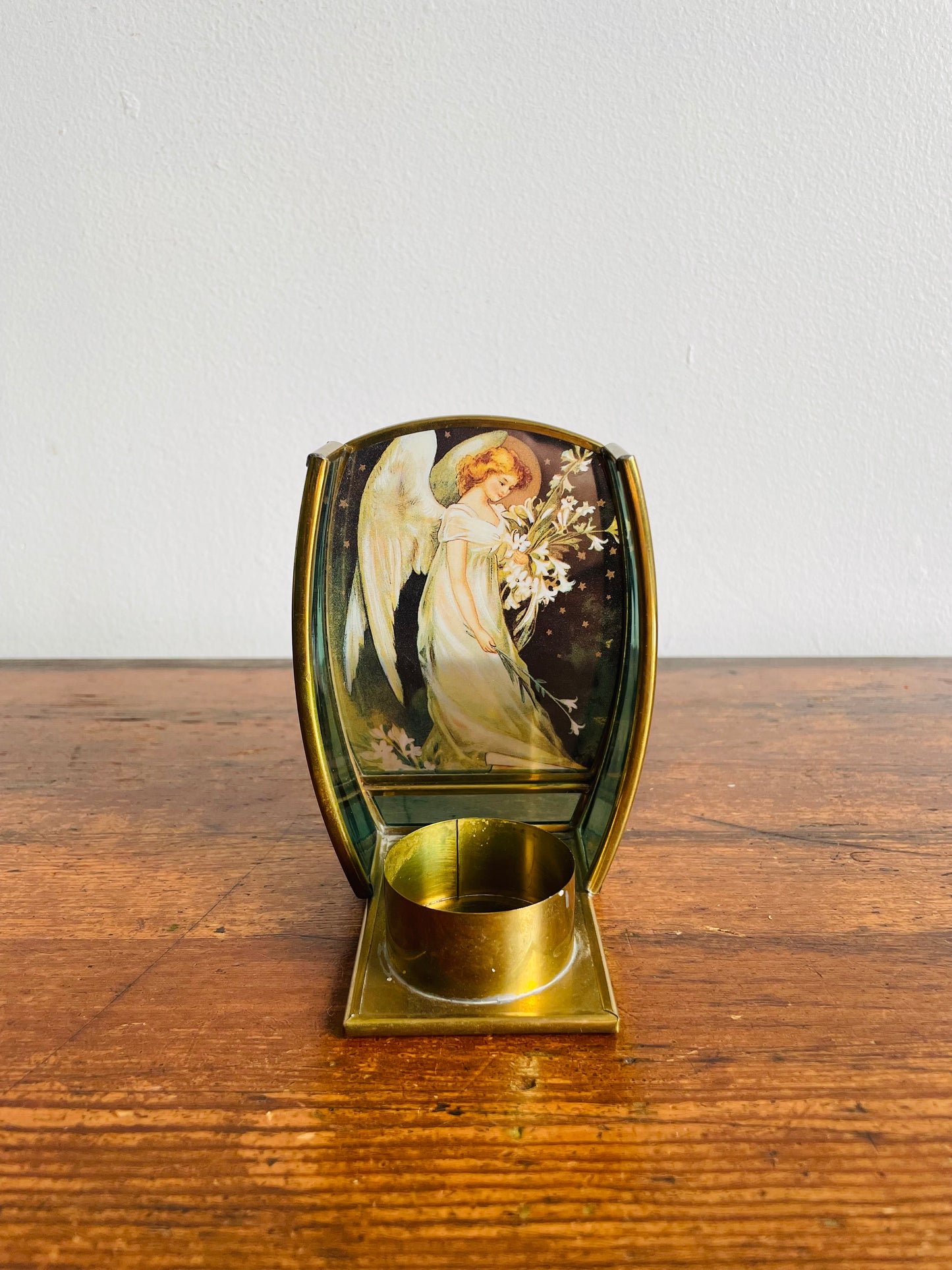 Enesco Brass & Stained Glass Tealight Candle Holder with Angel Holding Lily Flowers - Made in Mexico