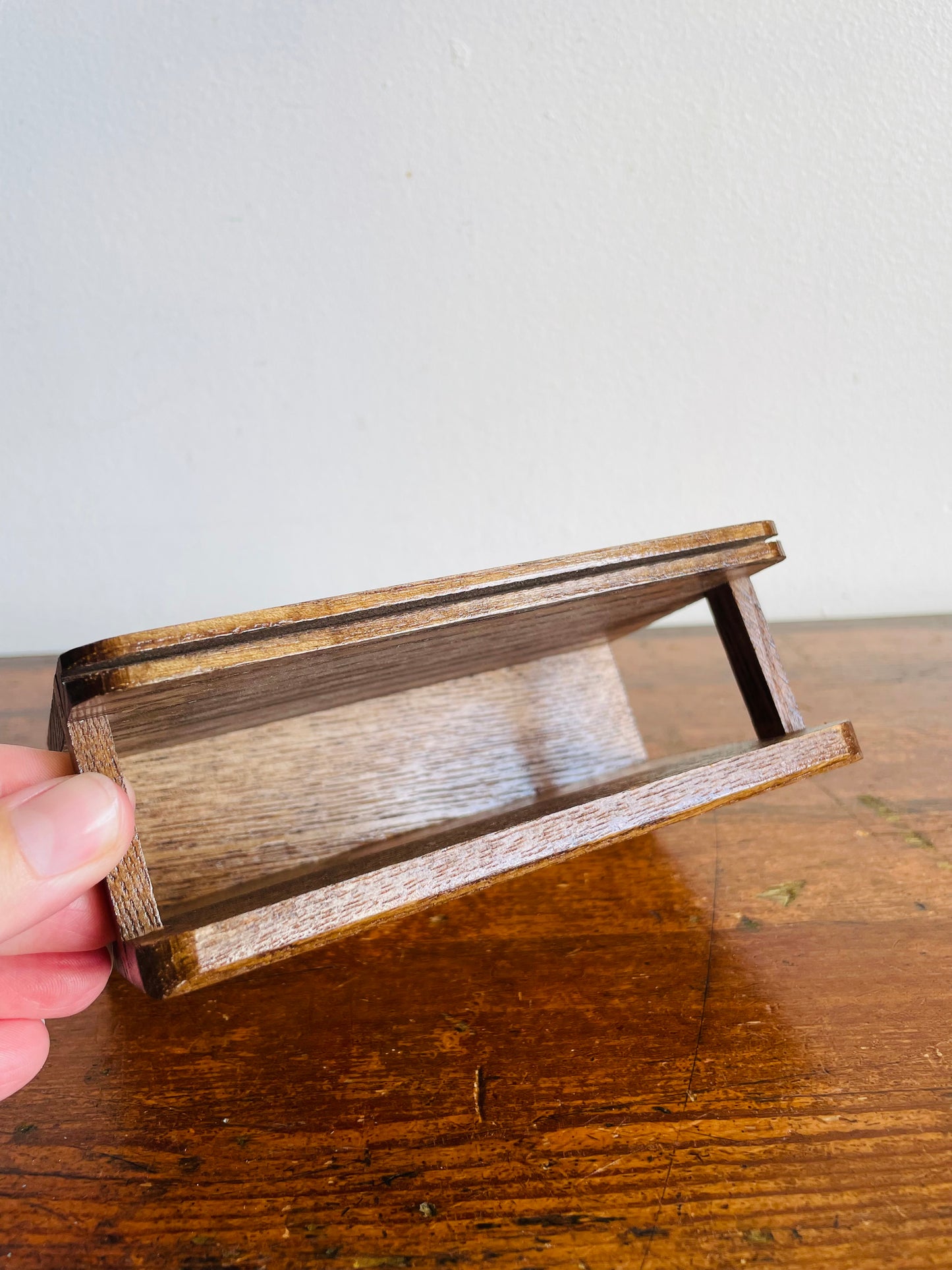 Vintage MCM Wood Recipe Card Holder with Bright Orange & Yellow Pineapple, Fish & Strawberry Graphics