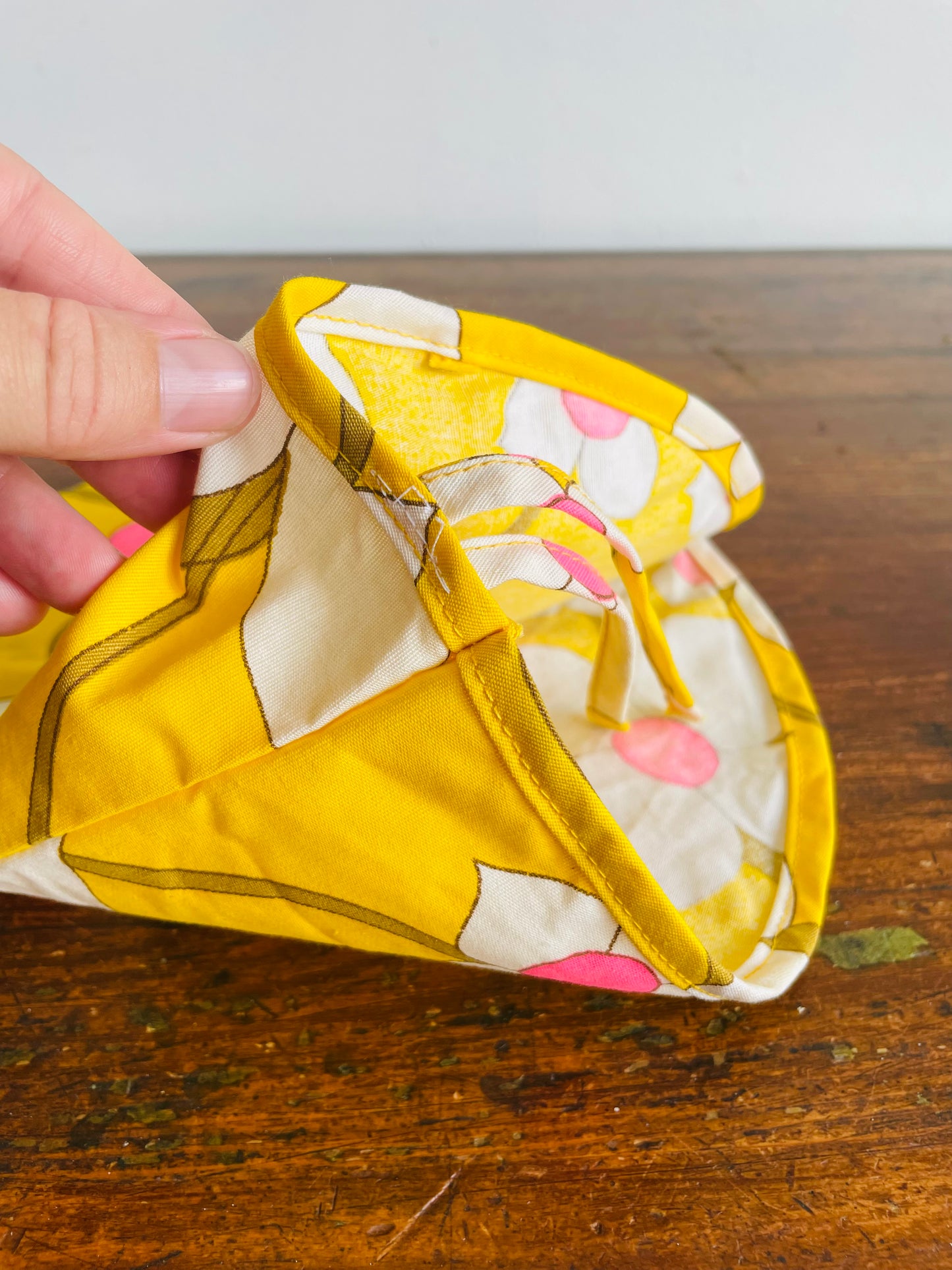 Groovy Yellow Fabric Triangle Pouch Holder or Hat with White & Pink Flower Design - Solve the Mystery of What This Is!