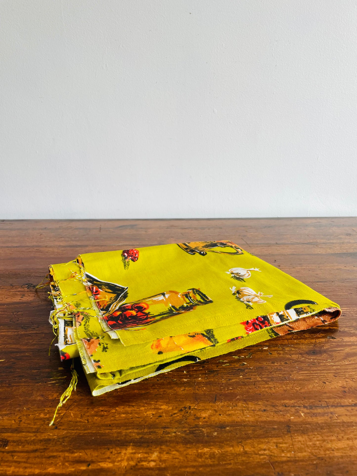 Bright Chartreuse Coloured Fabric with Fun Vegetable, Fruit, & Flower Harvest Design