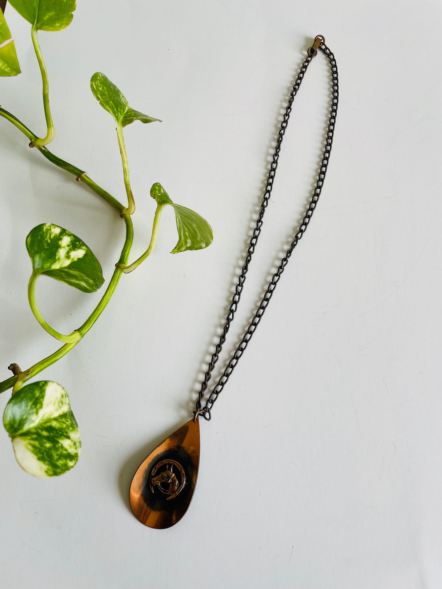 Copper Equestrian Horse & Horseshoe on Teardrop Pendant Chain Necklace