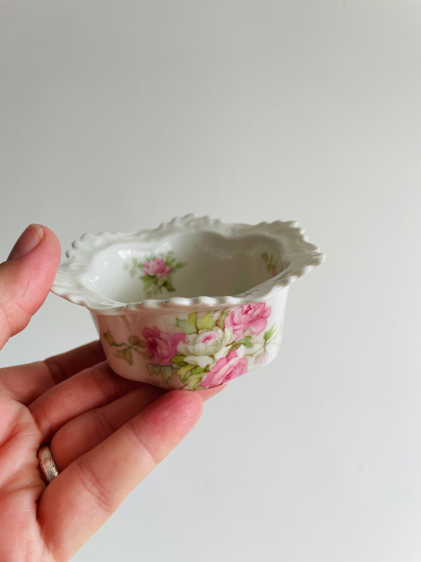 Antique MZ Moritz Zdekauer Austria Porcelain Ramekin or Custard Cup Dish with Pink Roses - Also Great for Jewellery!
