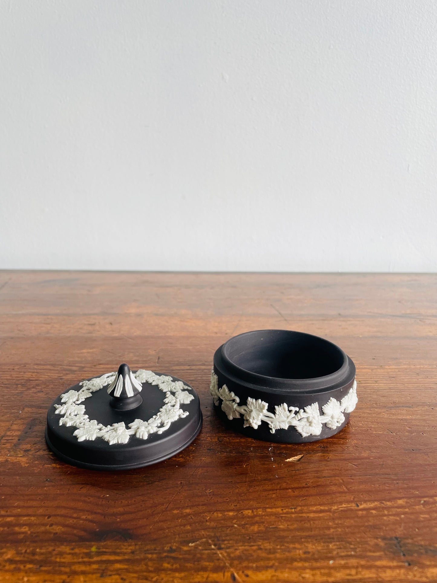 Black Jasperware Wedgwood Round Trinket Dish with Lid - Made in England