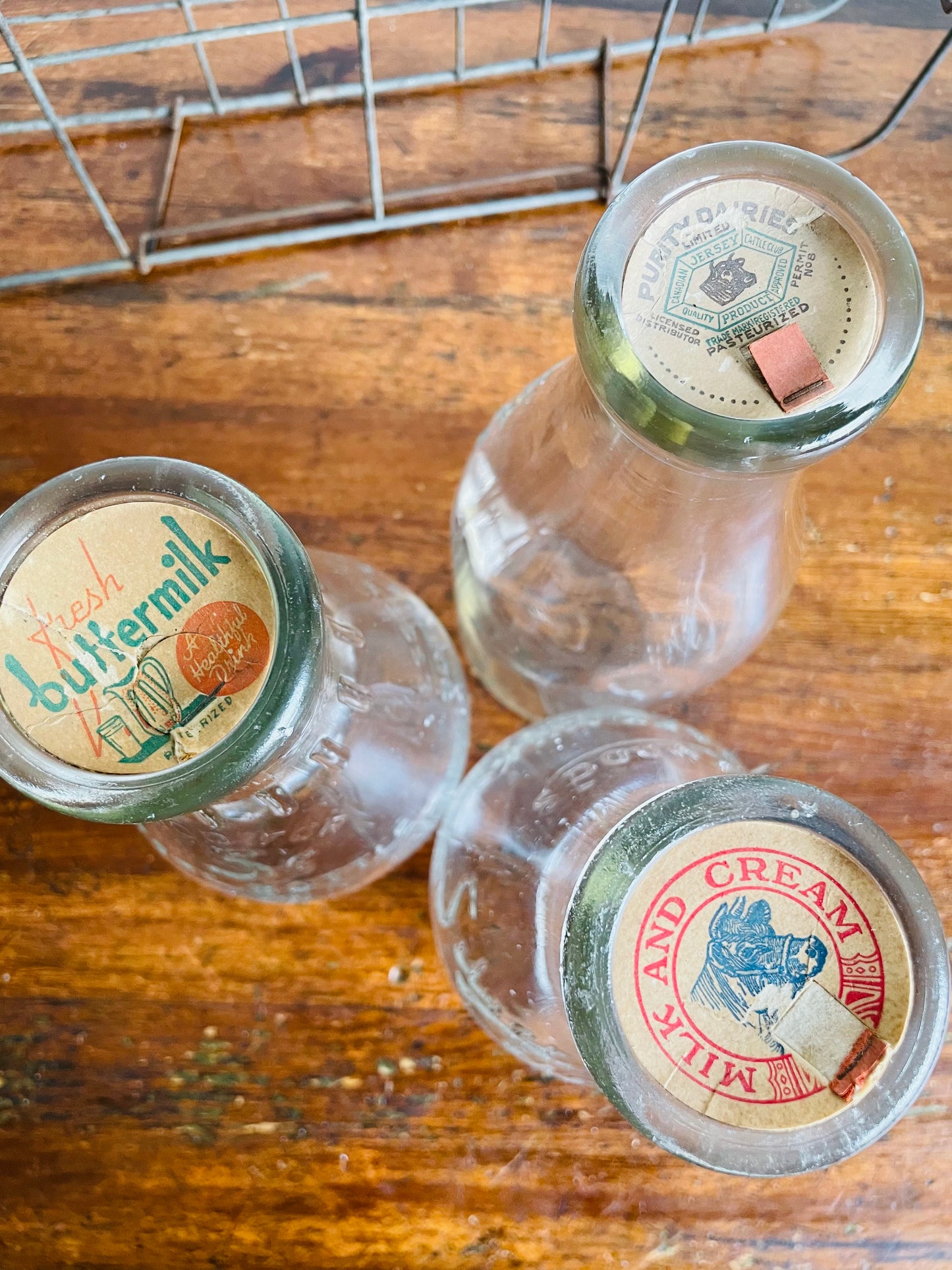 Vintage Metal Milk Bottle Caddy Carrier with Handles & Three Glass Milk Bottles with Cardboard Bottle Caps