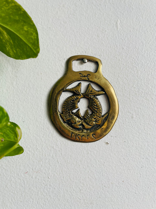 Horse Brass Medallion Hanging Wall Decor with Pisces Fish Zodiac Astrology Sign