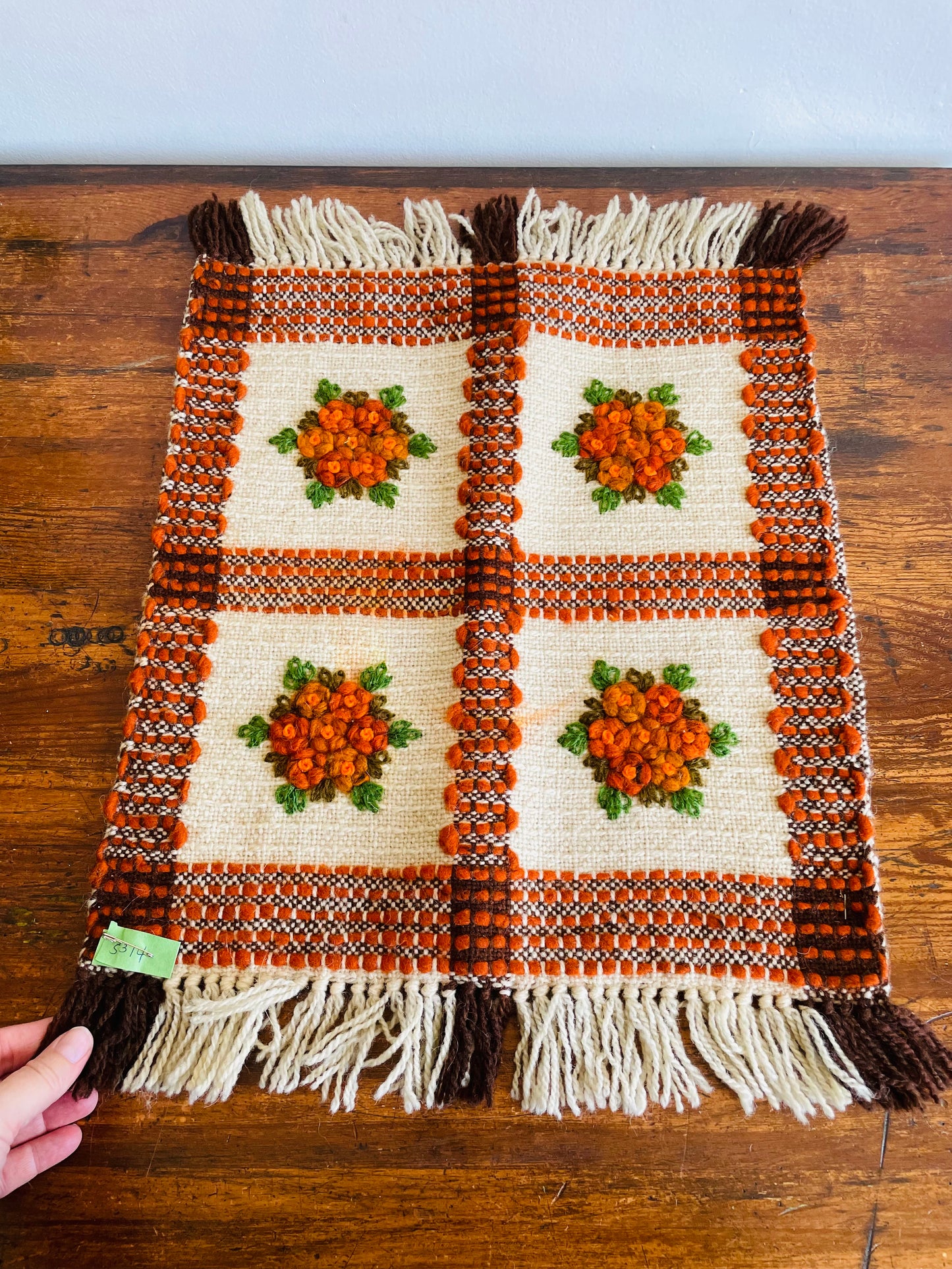 Polish Hand Knotted Woven Wool Throw Pillowcase with Embroidered Flowers