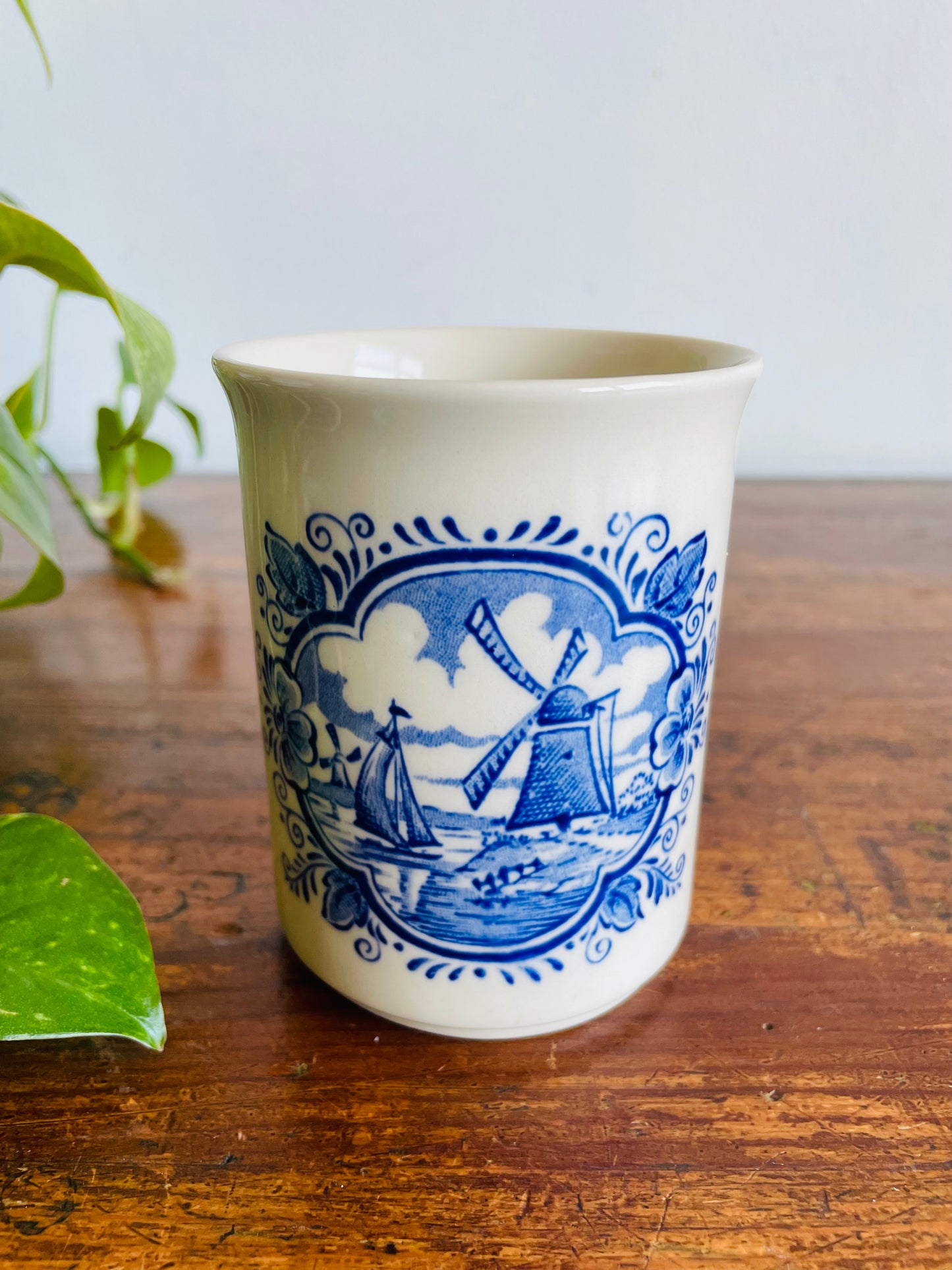 Vintage Blue & White Cup with Dutch Windmill & Sailboat Scene - English Ironstone Tableware - Vase, Pencils, Toothbrush Holder, Etc.