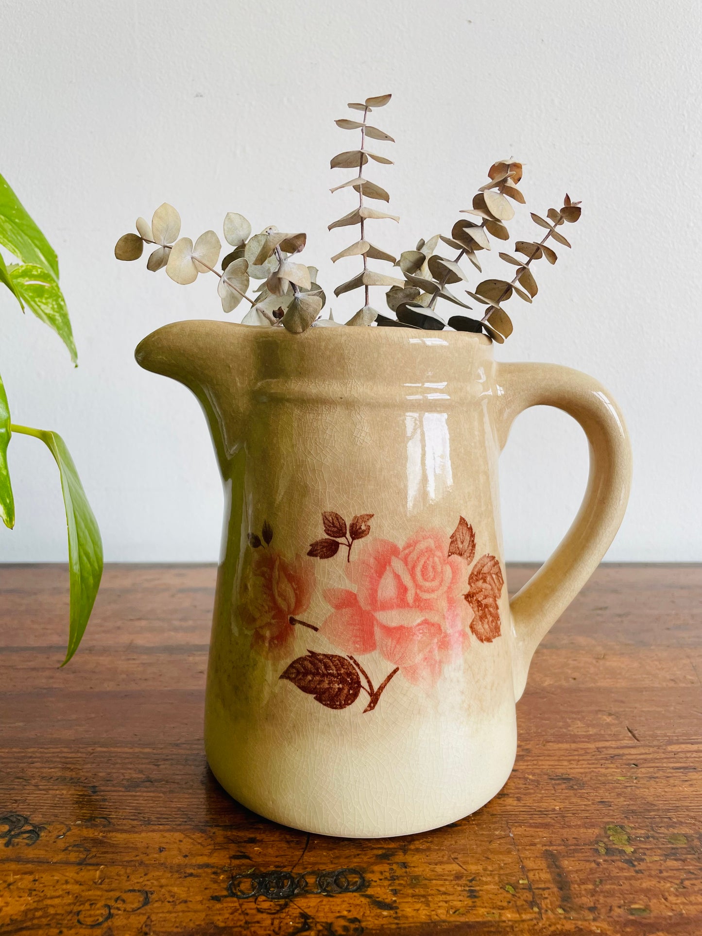 Farmhouse Stoneware Pitcher Jug Vase or Utensil Holder with Rose Design - Found in Dublin, Ireland