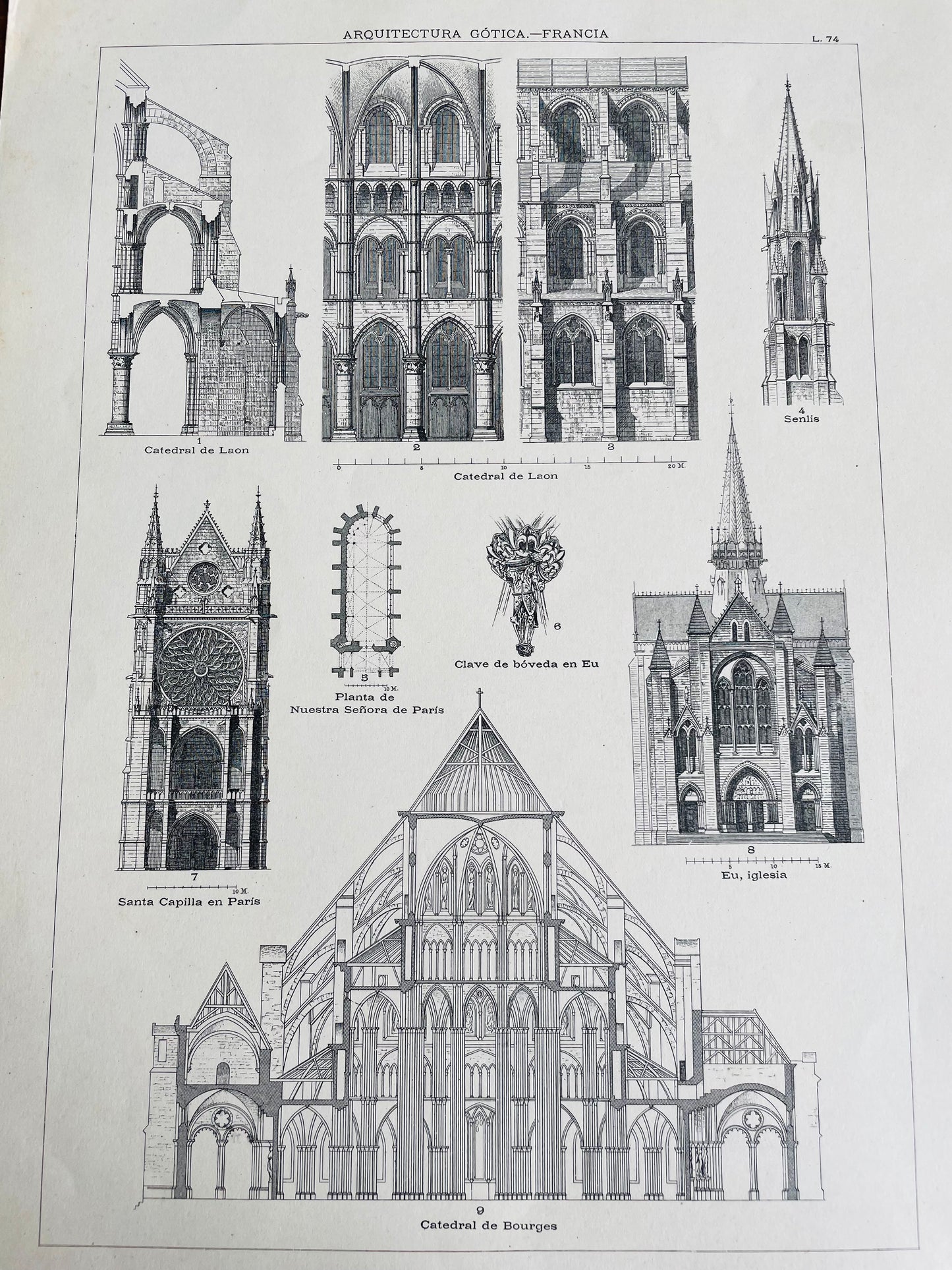 Gothic Architecture of France Page Print from Book # 2 - Found in Lisbon, Portugal