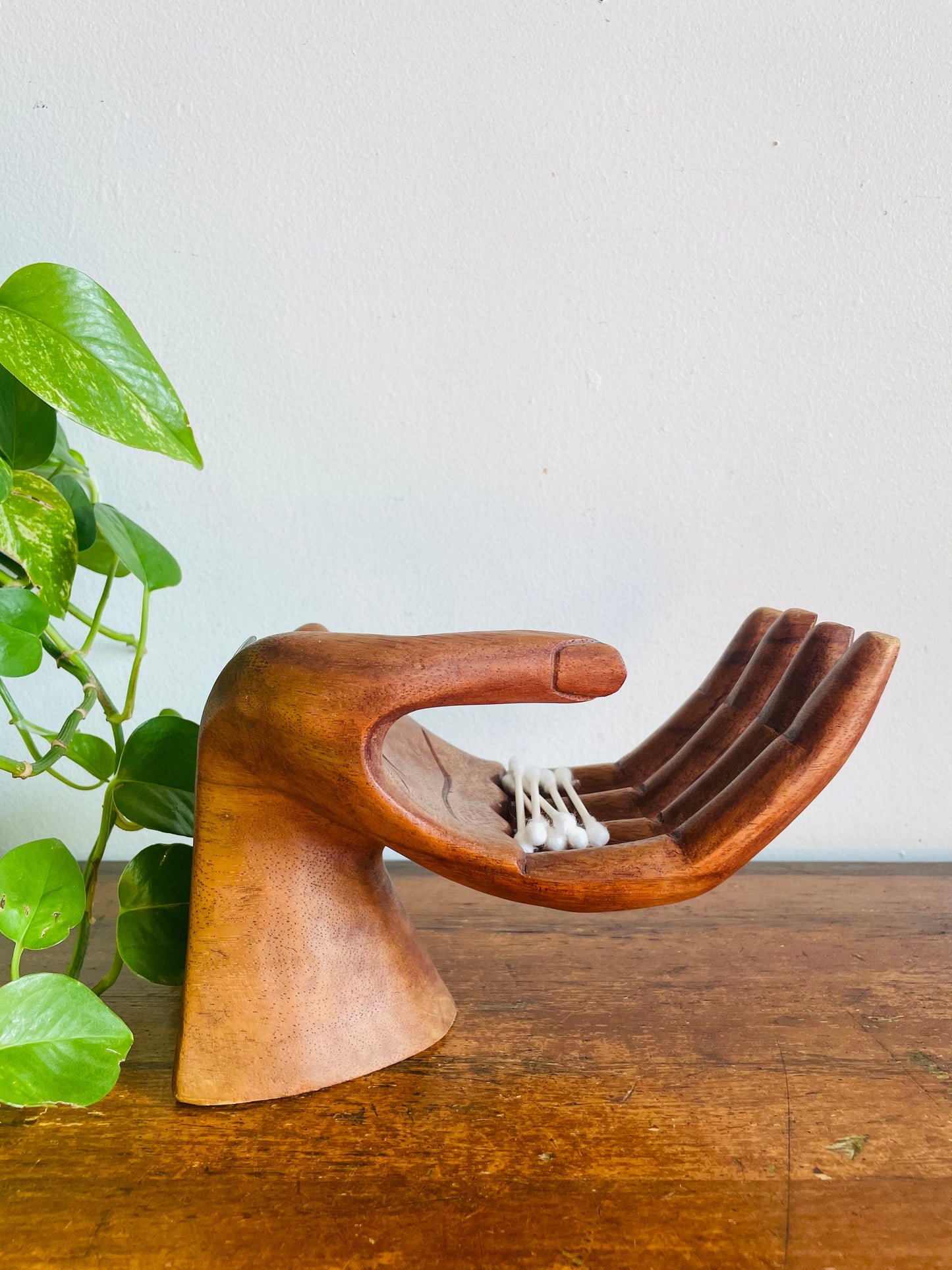 Vintage Large Carved Wood Right Hand - Can Stand or Hang on Wall - Fingers Curve to Hold Objects - Air Plant, Toilet Paper Roll, Business Cards, Etc.