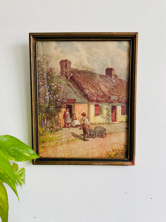 1930s Print Picture of Thatched Roof Cottage Village Scene - "Old Scotia's Shrine - The Burns"