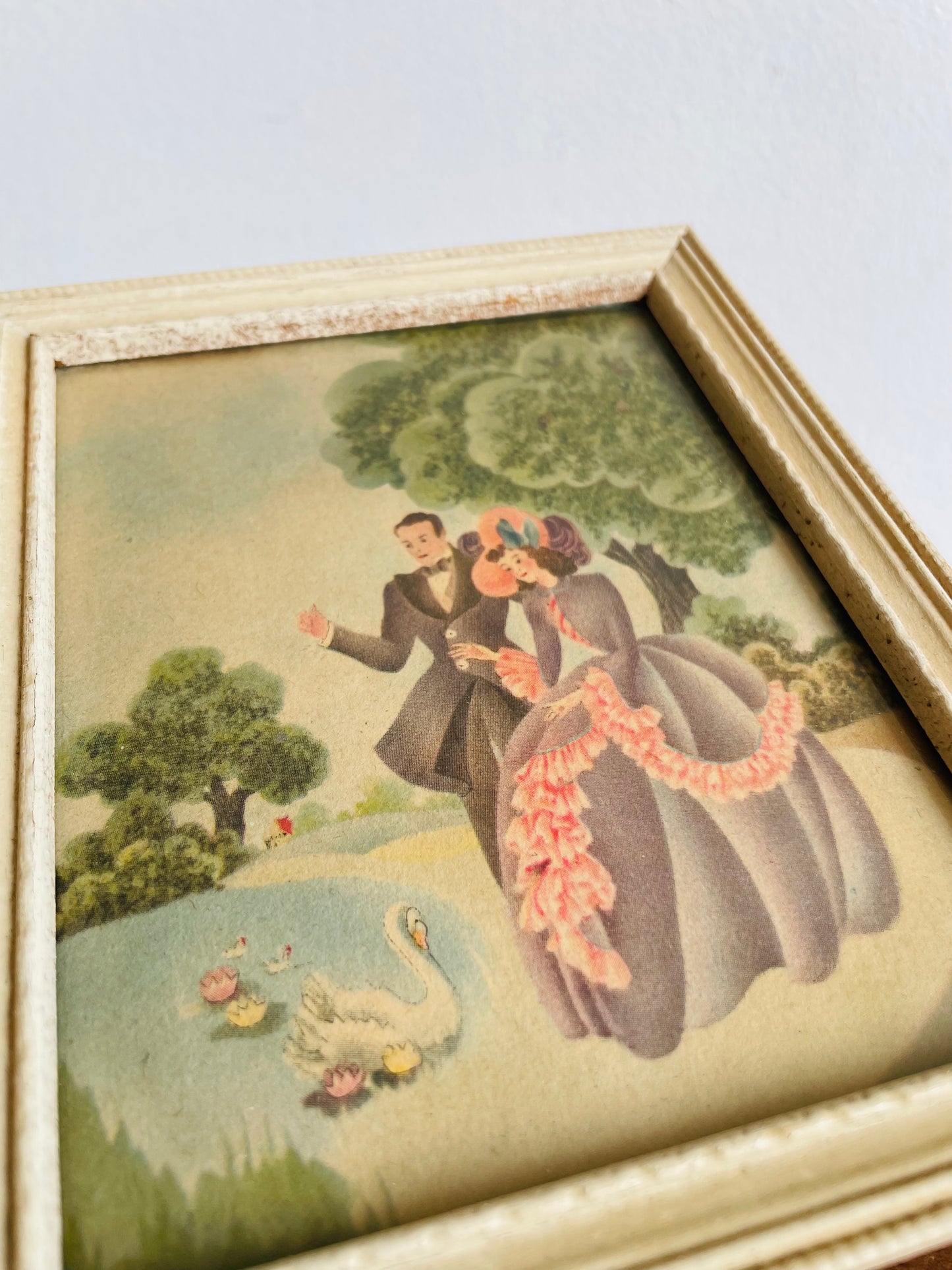 Lithograph Print Picture of Man & Woman in Purple Victorian Dress Beside Lake with Swan