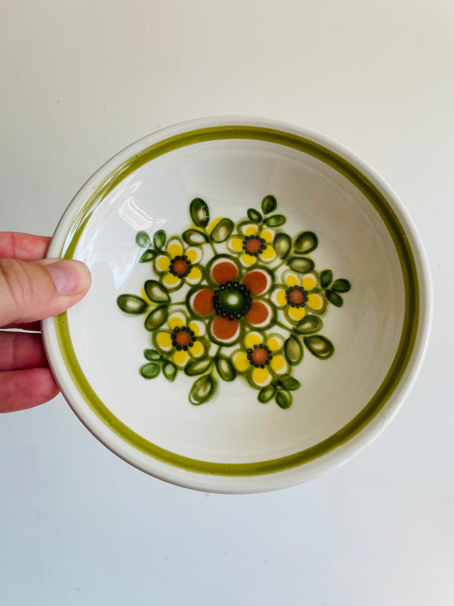 Vintage 5.5" Shallow Snack Bowls with Groovy Orange, Yellow & Green Flower Power Pattern - Mirage Ironstone Ware by Myott - Set of 8 - Made in England