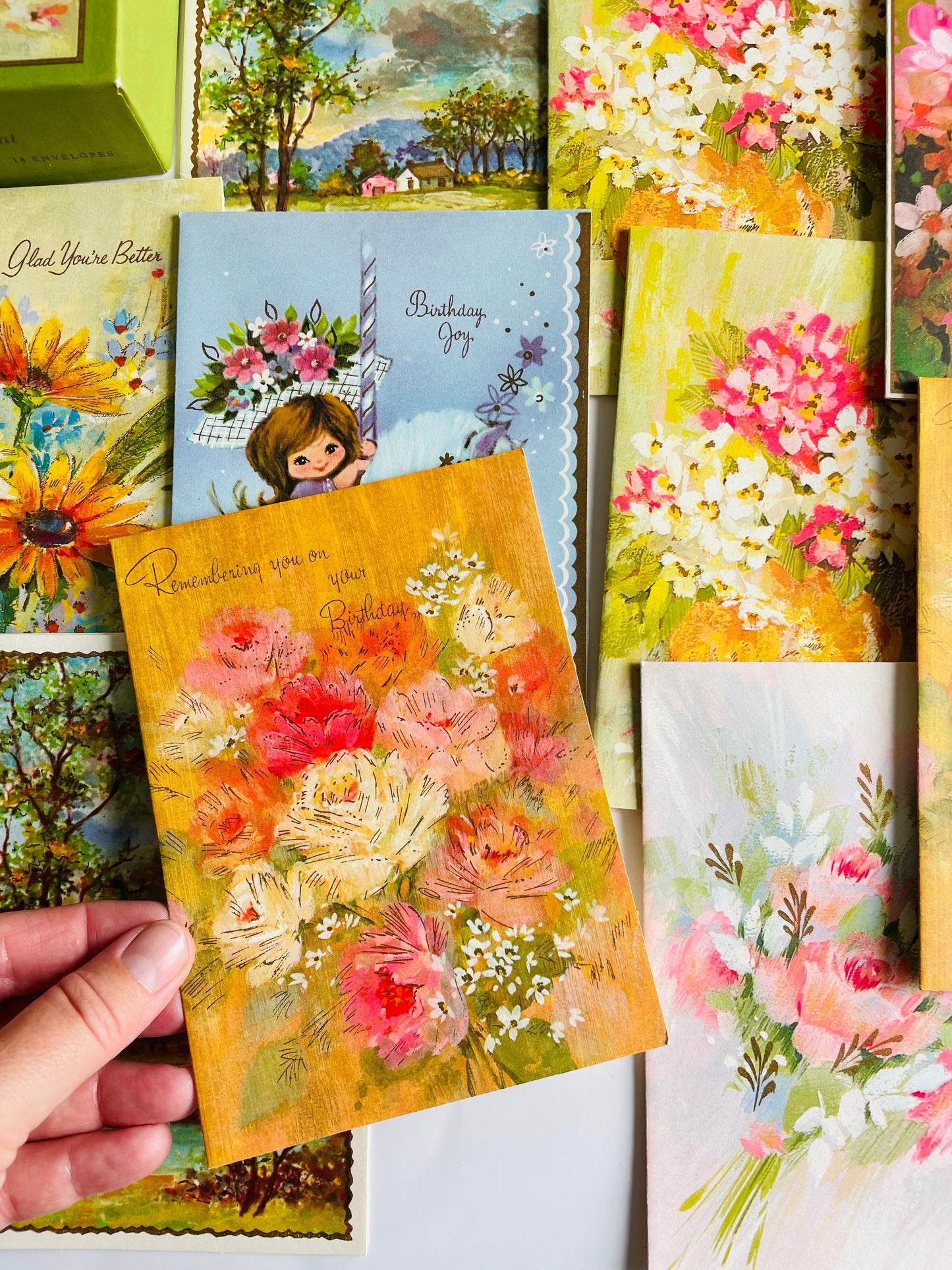 Vintage Box of Unused Assorted Greeting Cards for All Occasions - Floral & Cheerful Colourful Theme - Set of 15 with Envelopes