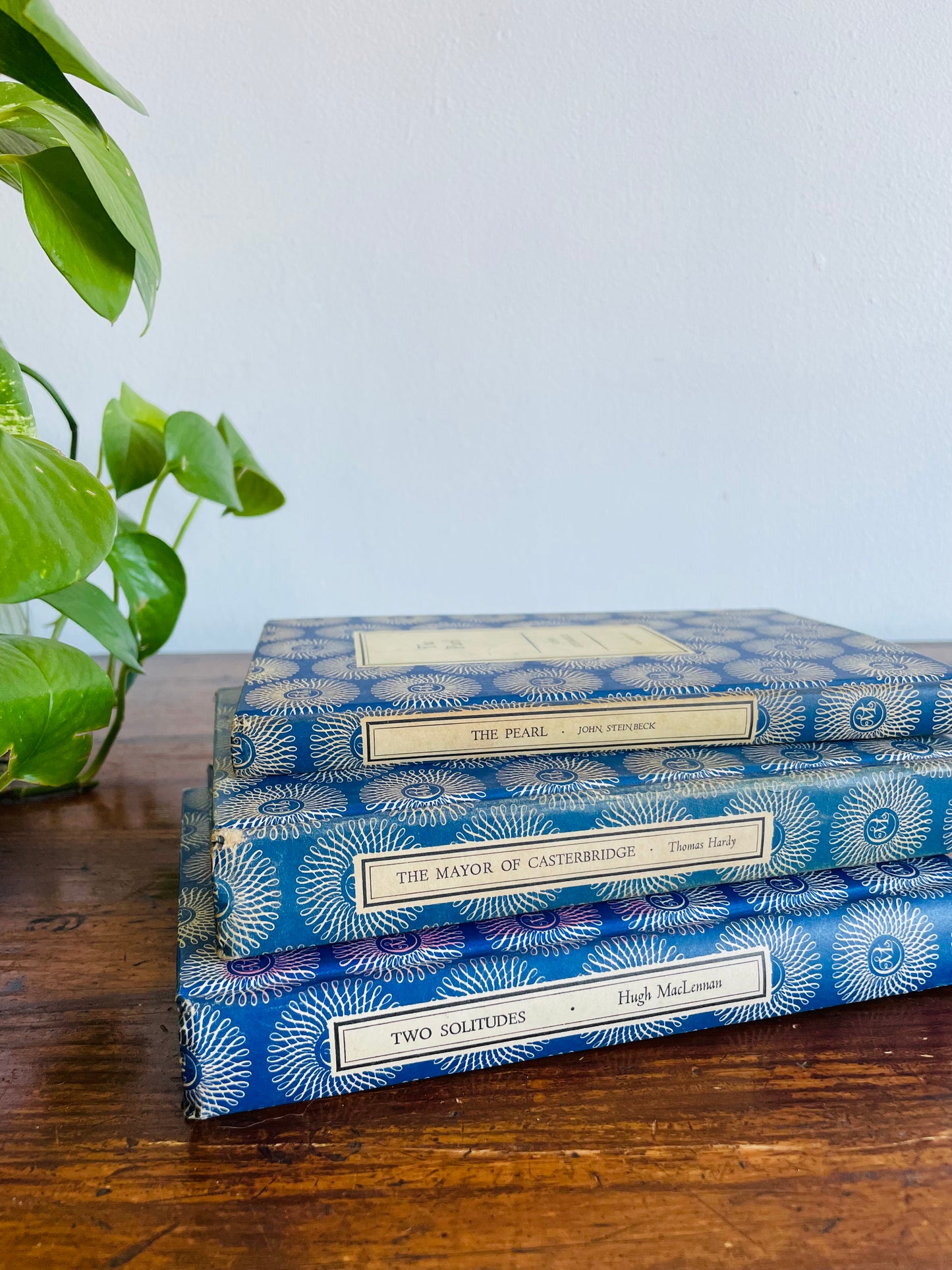 MacMillan Blue Hardcover Book Bundle - The Pearl by John Steinbeck (1958), Two Solitudes by Hugh MacLennan (1951), & The Mayor of Casterbridge by Thomas Hardy (1962)