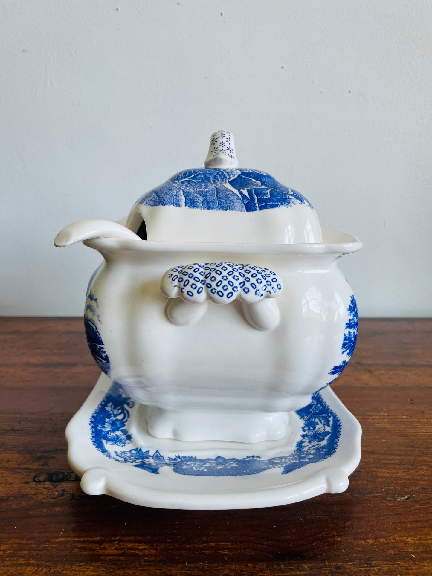 Vintage Large Blue & White Transferware Soup Tureen with Tray, Lid & Ladle with River Castle Scene - 4 Pieces