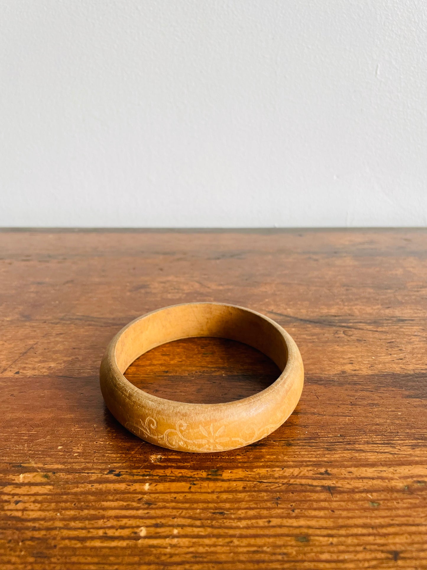 Solid Wood Bangle Bracelet with Etched Flower & Leaf Design