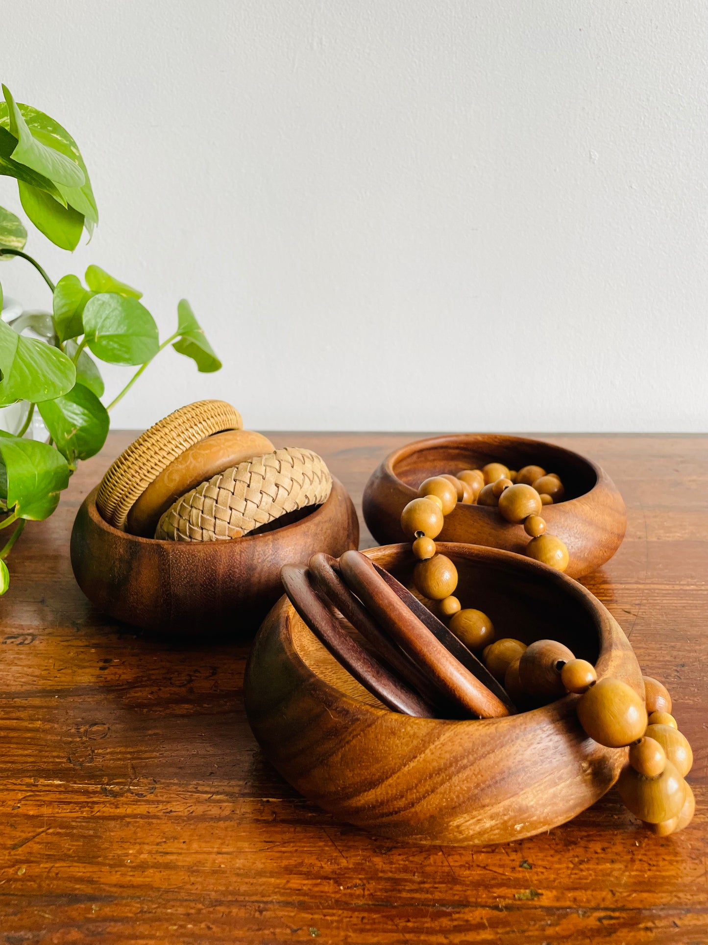 Solid Wood Bangle Bracelet with Etched Flower & Leaf Design