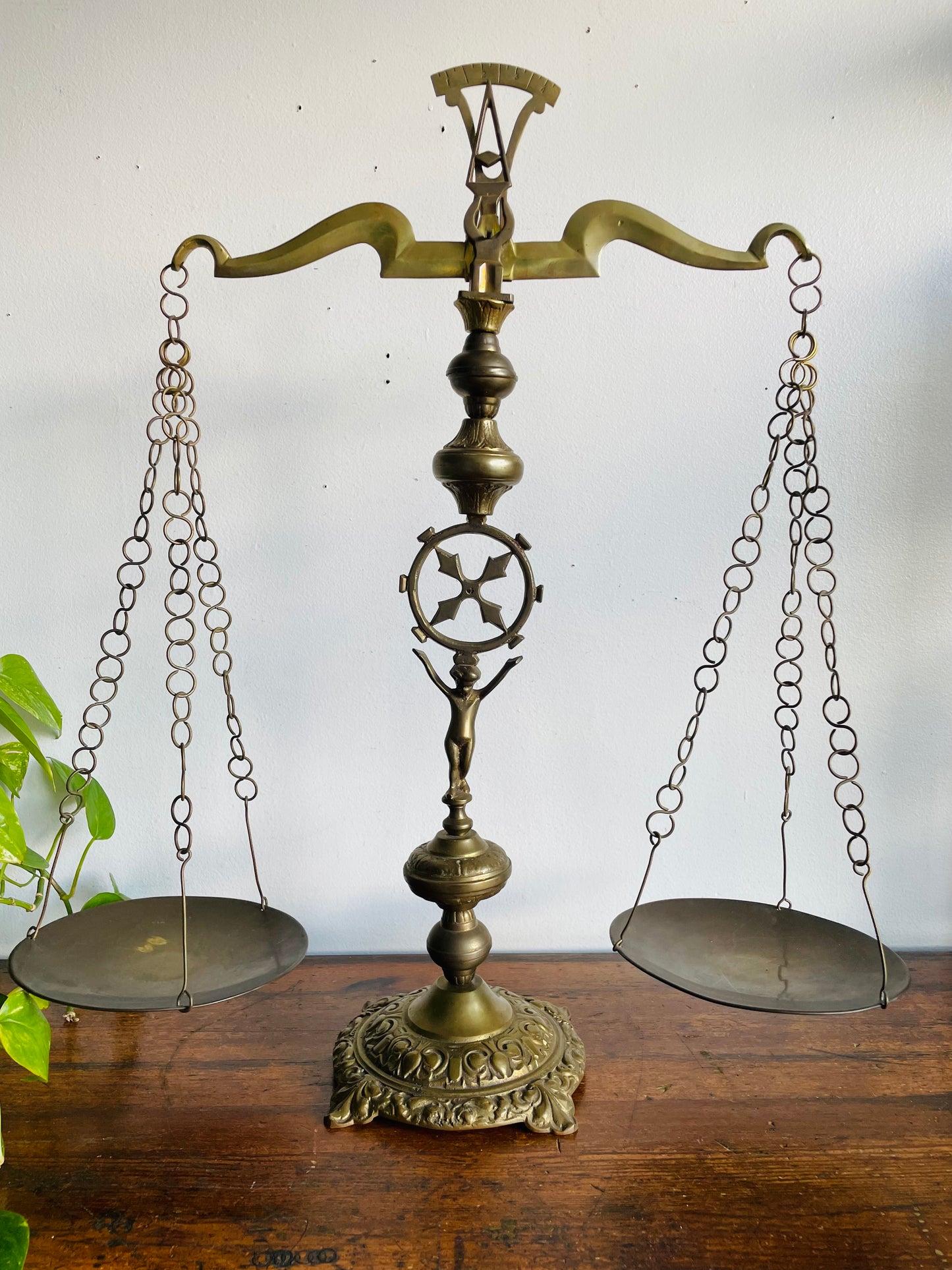 Vintage 25" Tall Ornate Brass Balance Scale with Cherub - Scales of Justice - FOR SHIPPING PLEASE READ SPECIAL INSTRUCTIONS