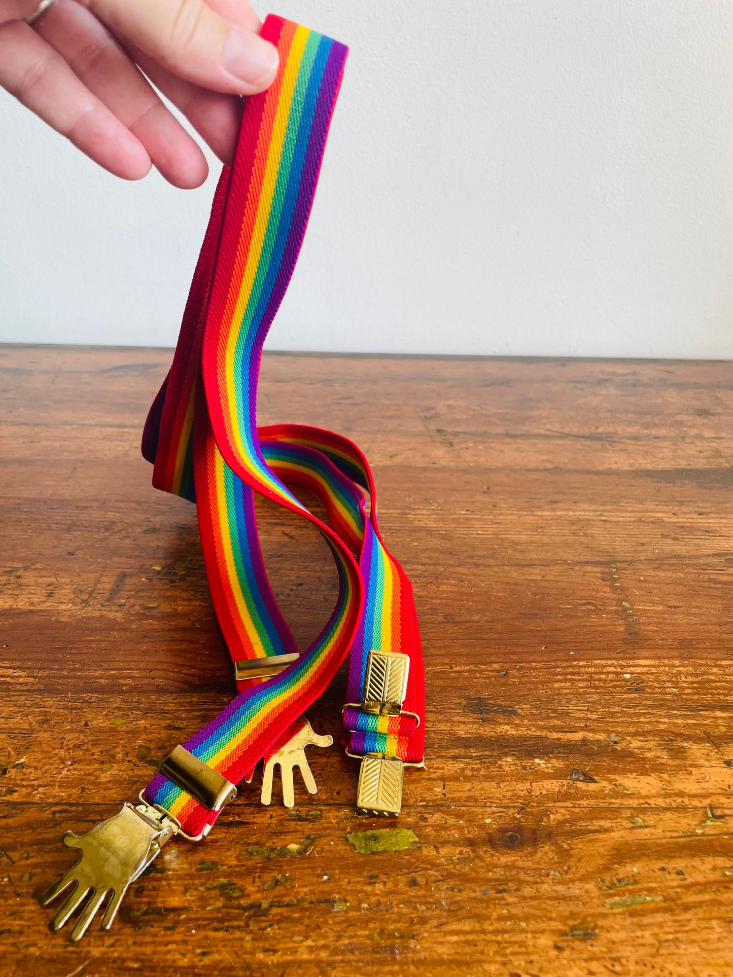 Rainbow Striped Clip-On Suspenders with Brass Hand Shaped Buckles