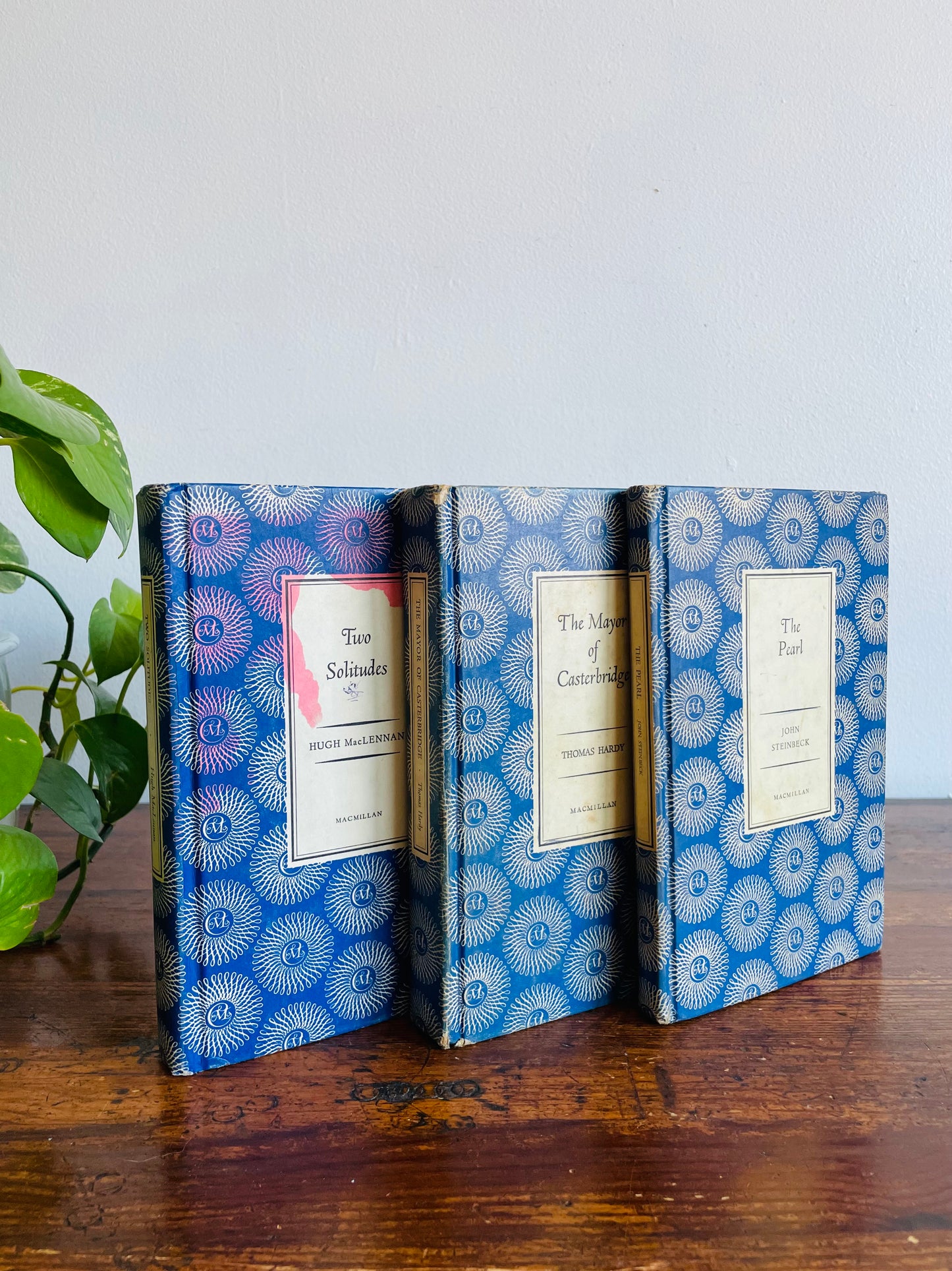 MacMillan Blue Hardcover Book Bundle - The Pearl by John Steinbeck (1958), Two Solitudes by Hugh MacLennan (1951), & The Mayor of Casterbridge by Thomas Hardy (1962)