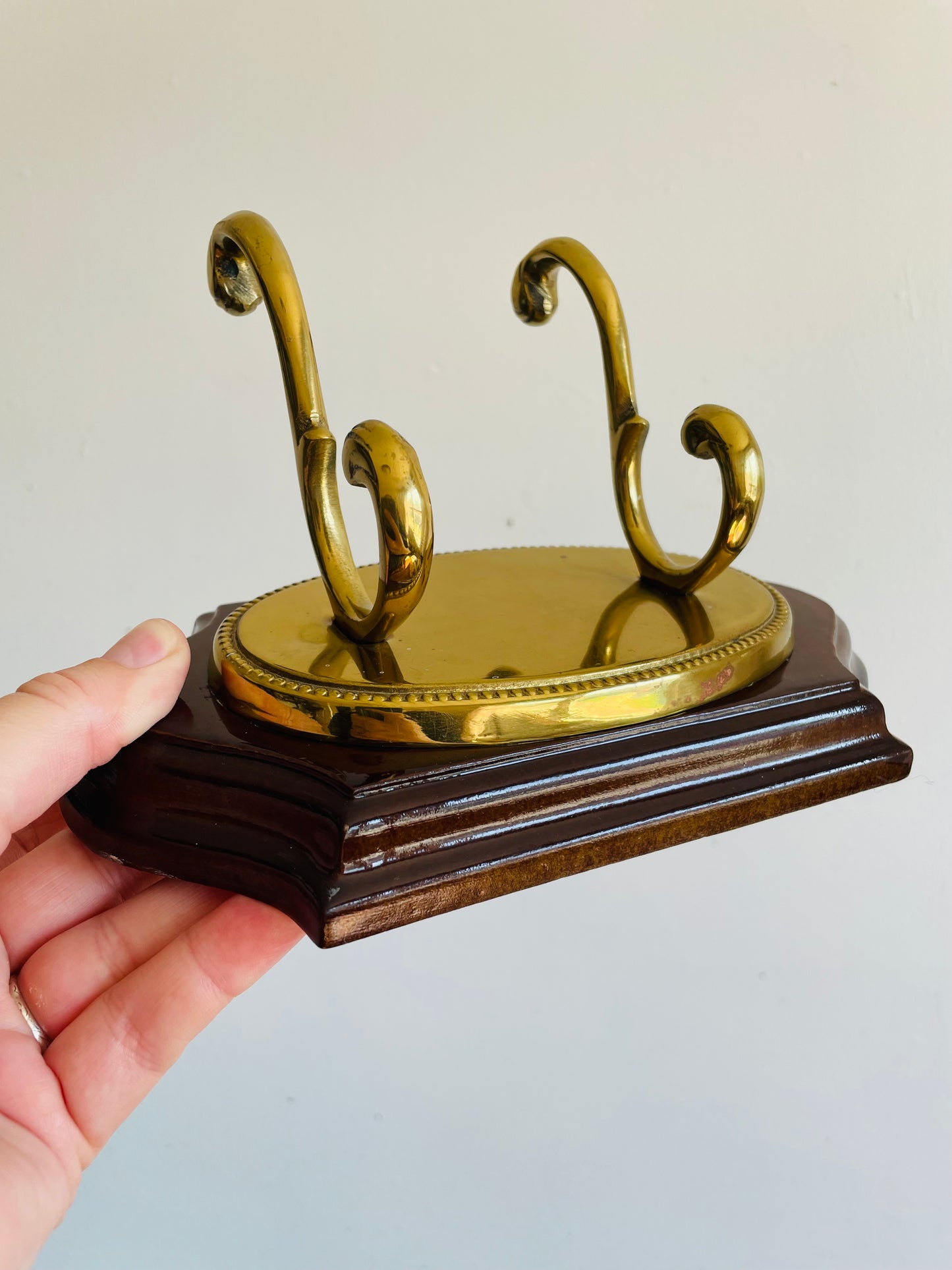 1989 Wood & Brass Double Hook Wall Hanger - Made in Korea