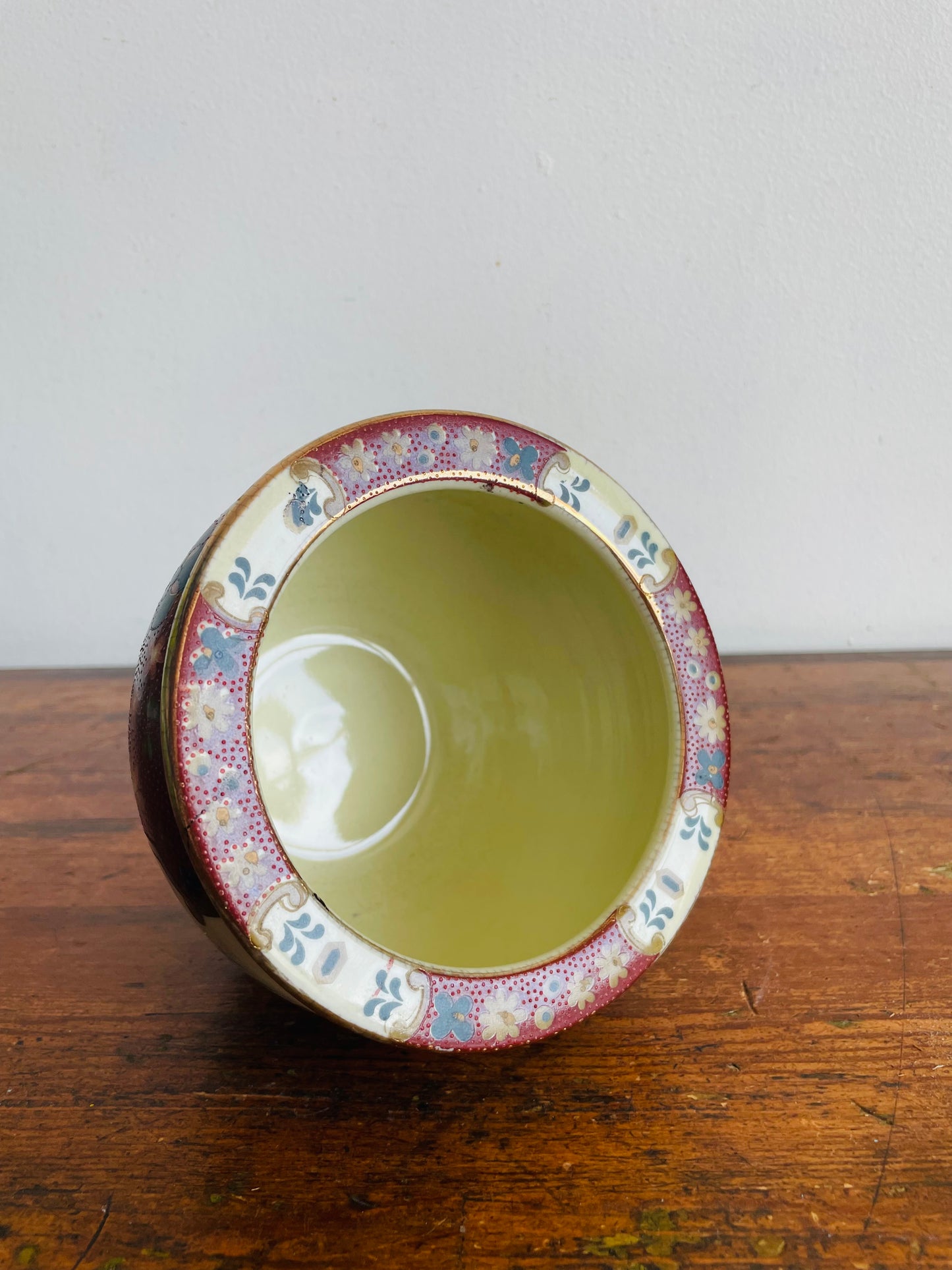 Vintage New England Pottery Ming Dynasty Fishbowl Planter Pot - Burgundy, Gold & Blue Muted Floral with Bird Design