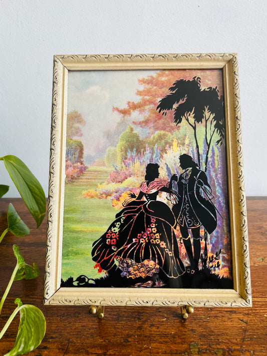 Reverse Painted Silhouette Lithograph Picture on Glass - Courting Couple in Gorgeous Garden
